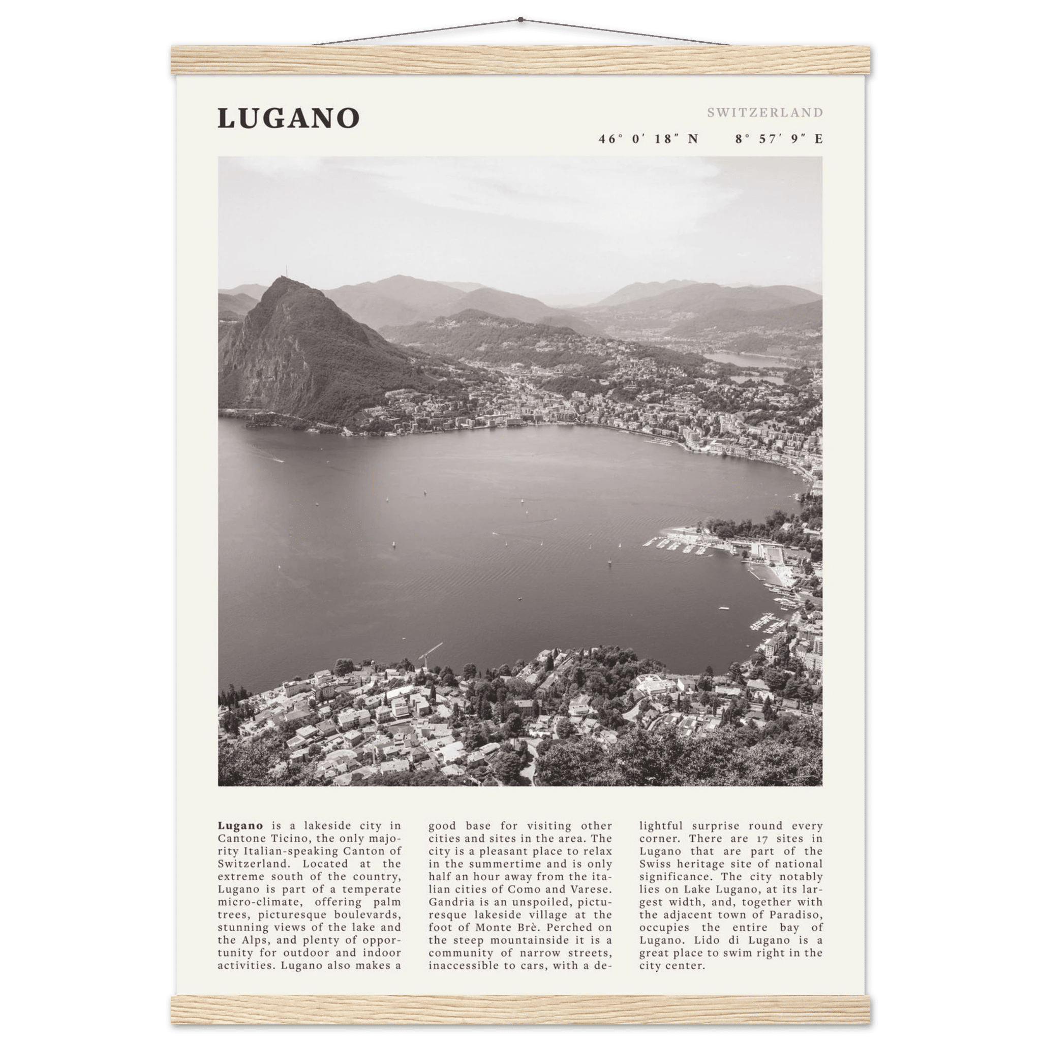 Lugano Poster | Black & White Swiss Lake Wall Art | Switzerland Travel Print - Evergreen Posters