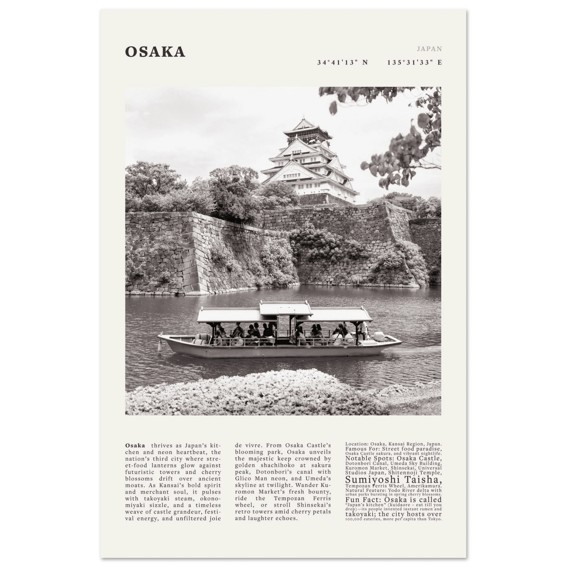 Osaka Poster Black and White – Vintage Osaka Castle Cherry Blossom Print (Digital & Printed Options) - Evergreen Posters