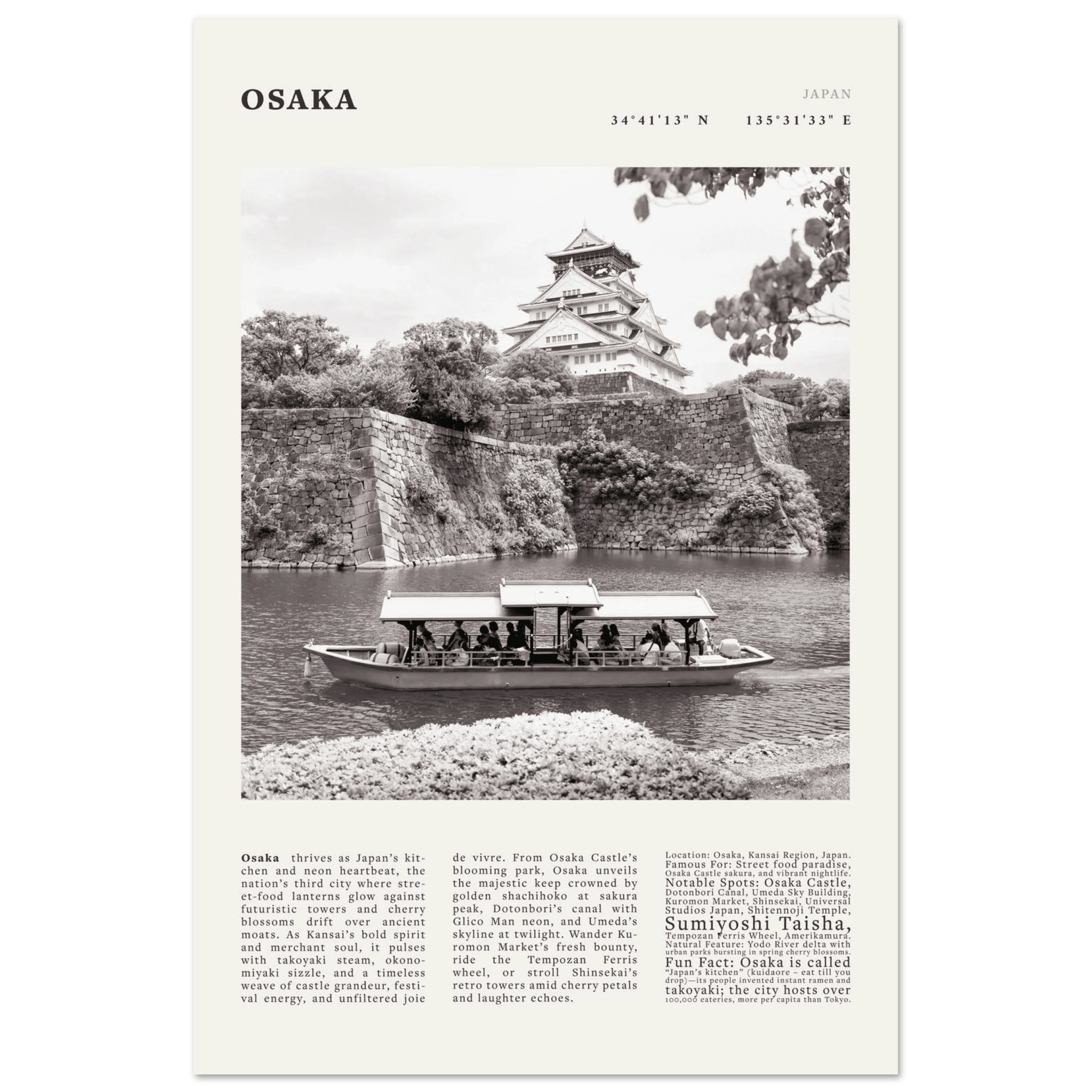 Osaka Poster Black and White – Vintage Osaka Castle Cherry Blossom Print (Digital & Printed Options) - Evergreen Posters