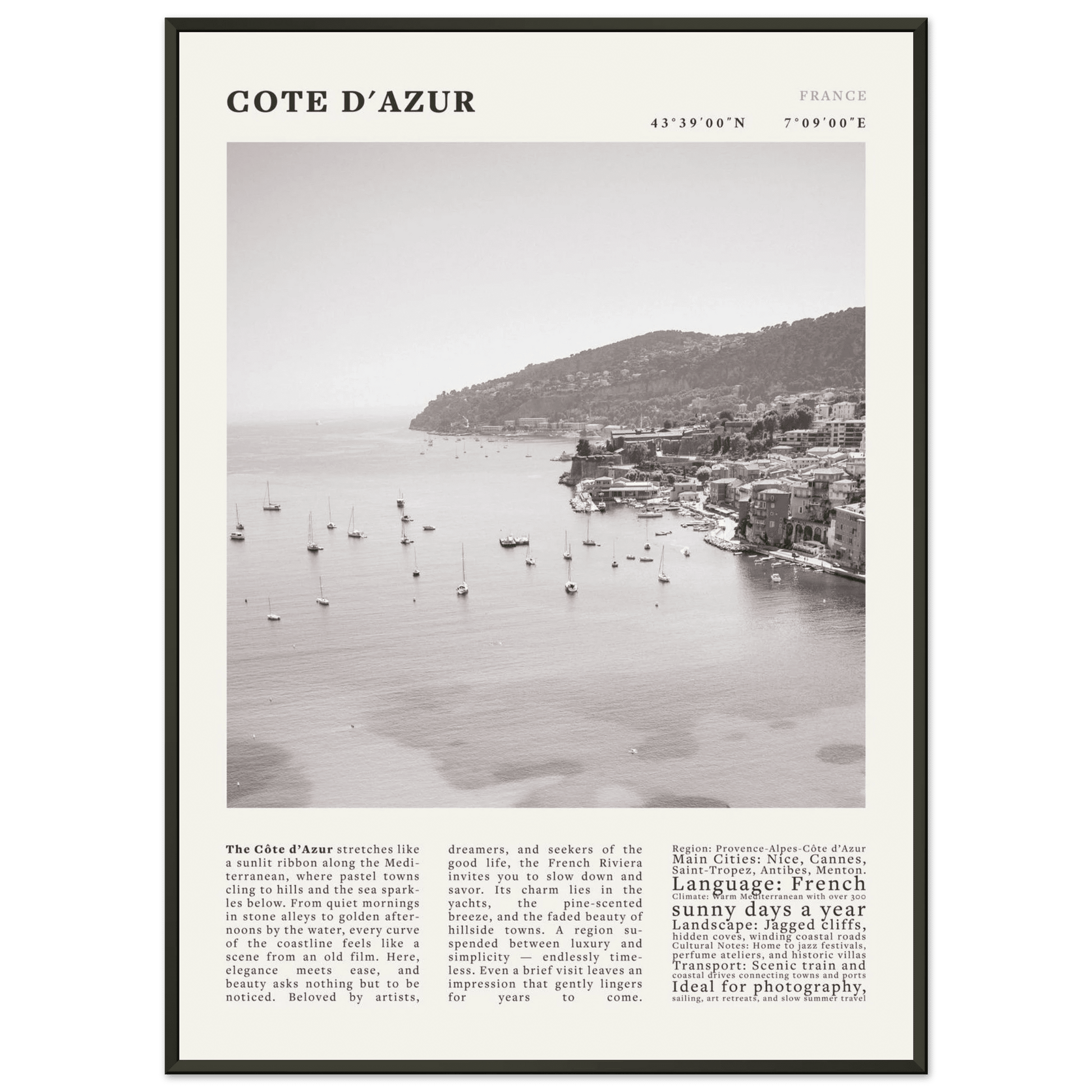 Côte d'Azur Poster Black and White – Vintage French Riviera Coast Print (Digital & Printed Options) - Evergreen Posters