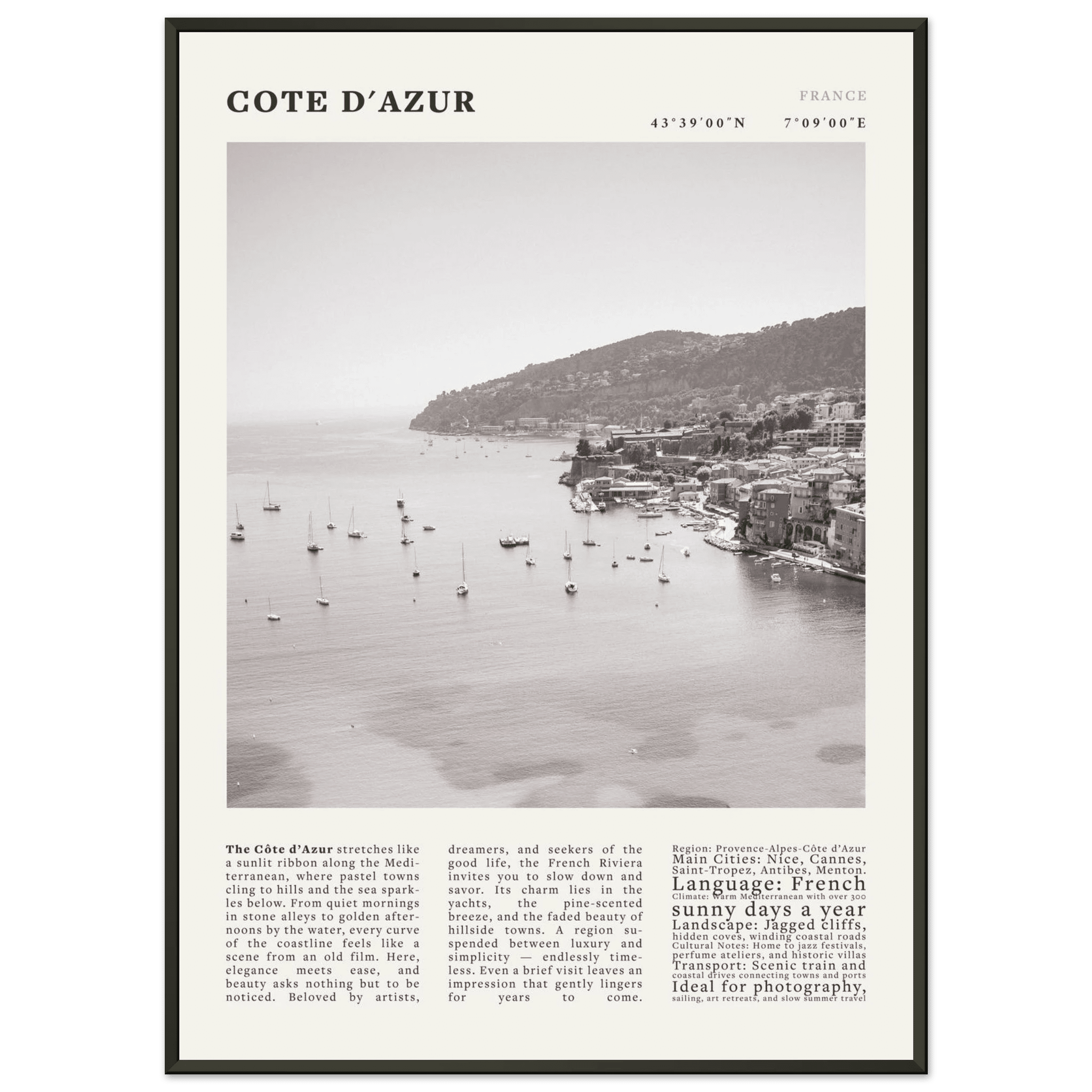Côte d'Azur Poster Black and White – Vintage French Riviera Coast Print (Digital & Printed Options) - Evergreen Posters