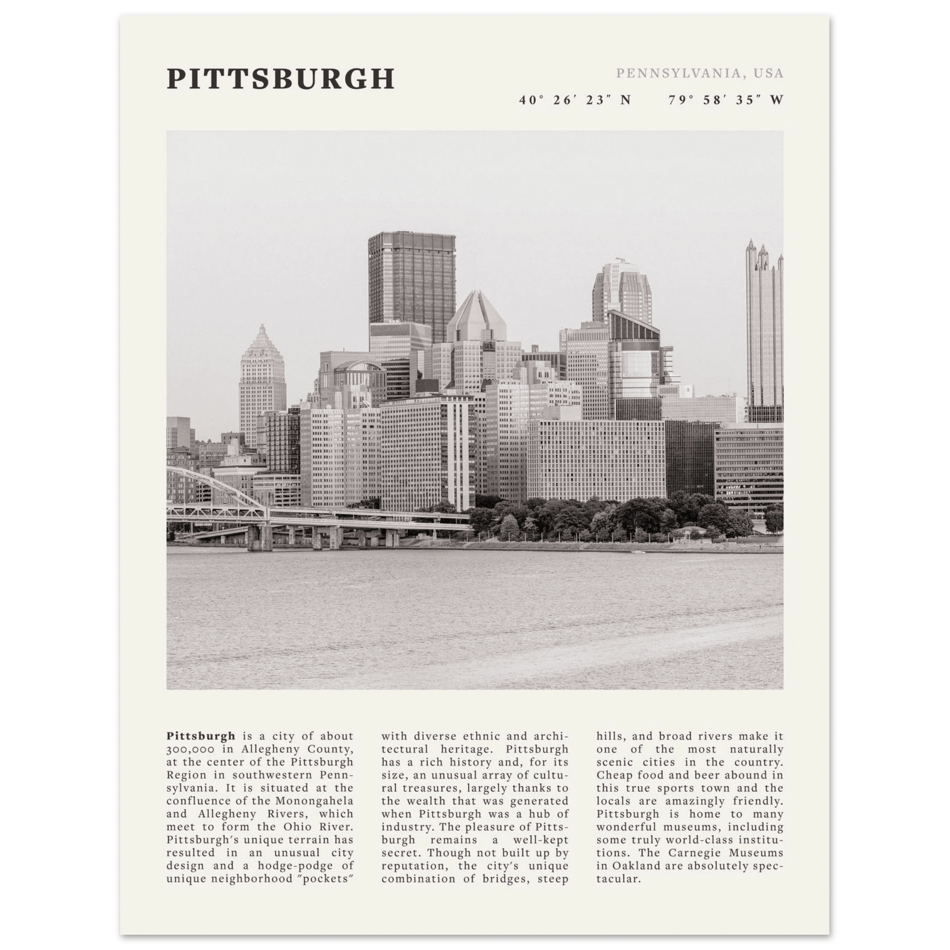 Pittsburgh Poster | Black & White Pennsylvania Skyline Wall Art | PA Travel Print - Evergreen Posters