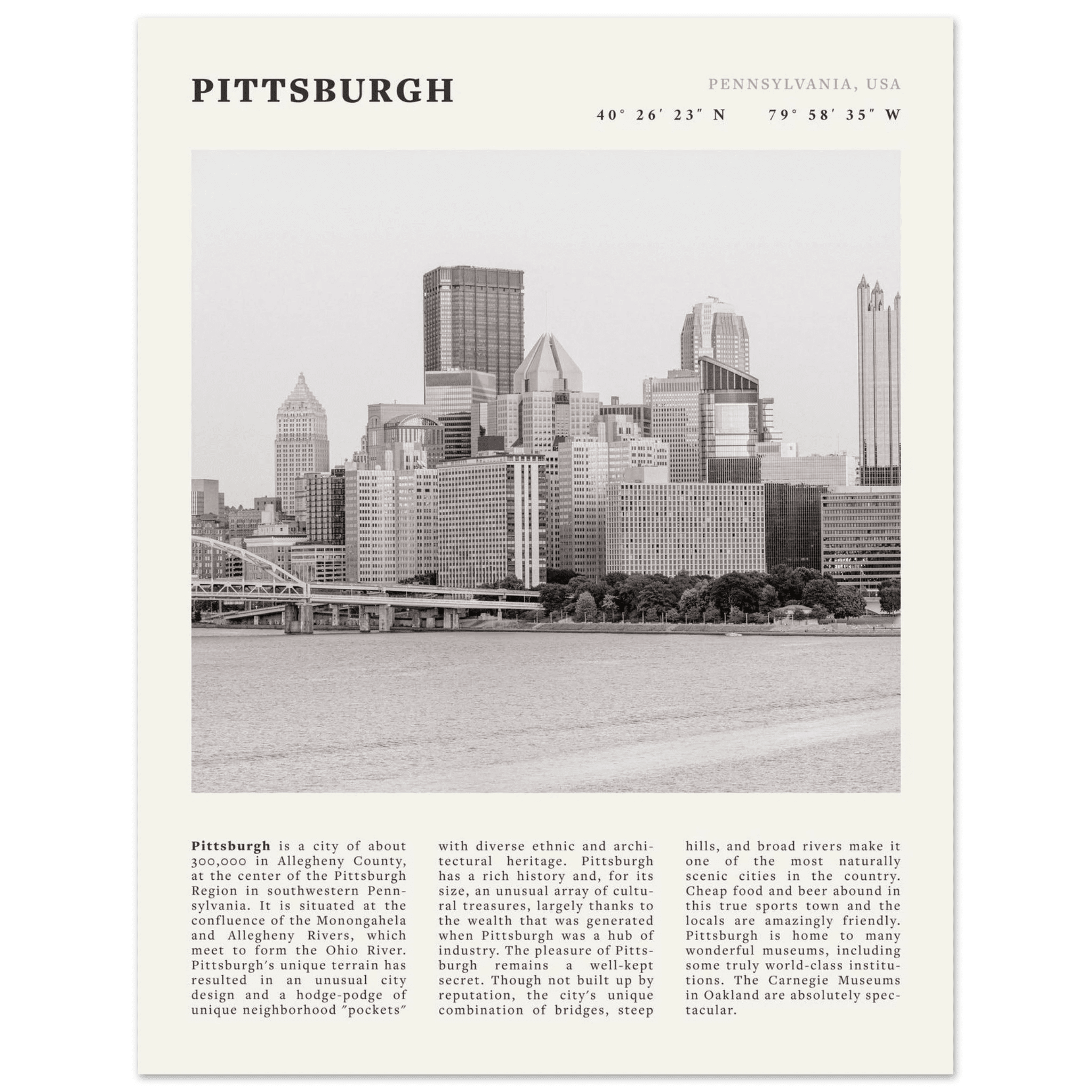 Pittsburgh Poster | Black & White Pennsylvania Skyline Wall Art | PA Travel Print - Evergreen Posters
