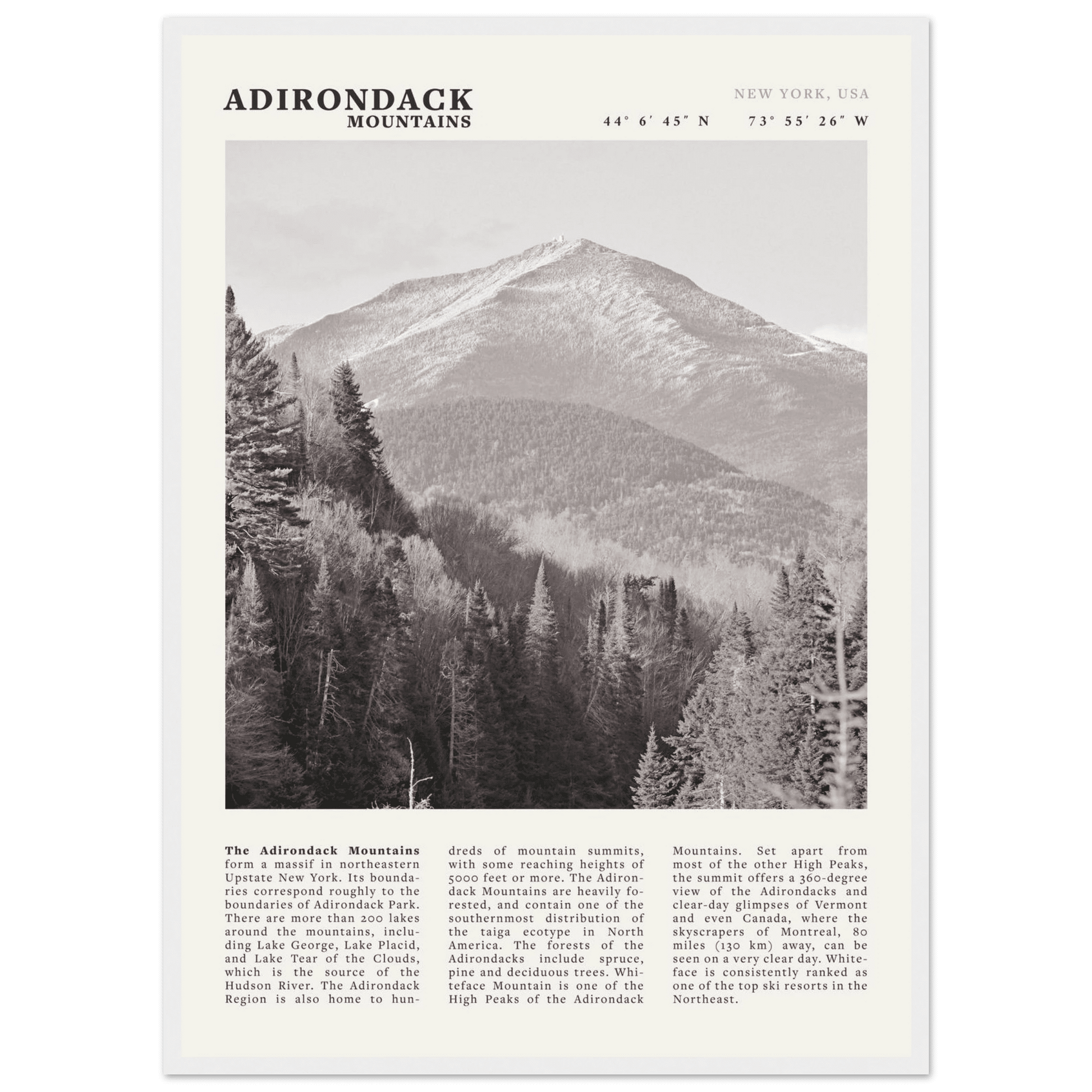 Adirondack Mountains Poster | Black & White New York Nature Wall Art | Hiking Print - Evergreen Posters