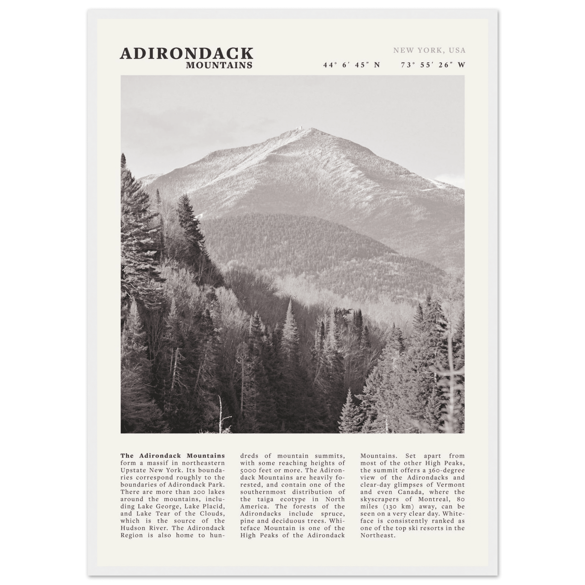 Adirondack Mountains Poster | Black & White New York Nature Wall Art | Hiking Print - Evergreen Posters