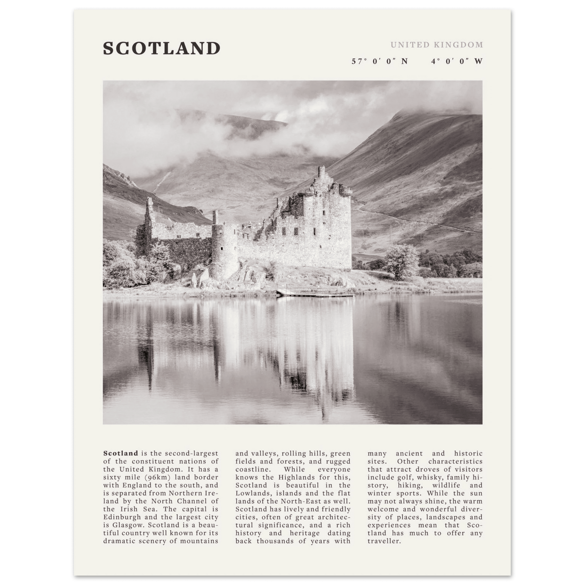 Scotland Poster | Black & White Highland Castle Wall Art | UK Travel Print Decor - Evergreen Posters