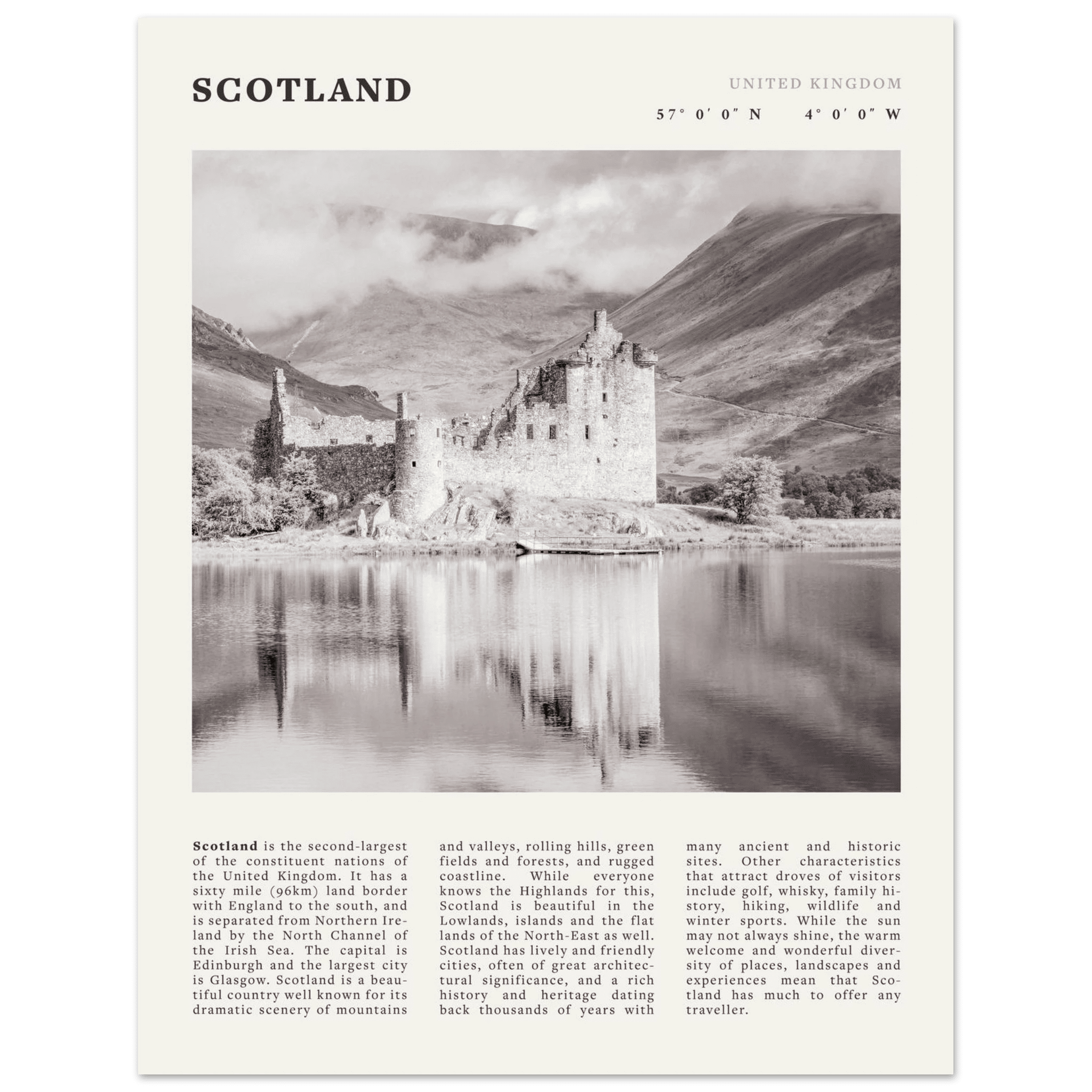 Scotland Poster | Black & White Highland Castle Wall Art | UK Travel Print Decor - Evergreen Posters