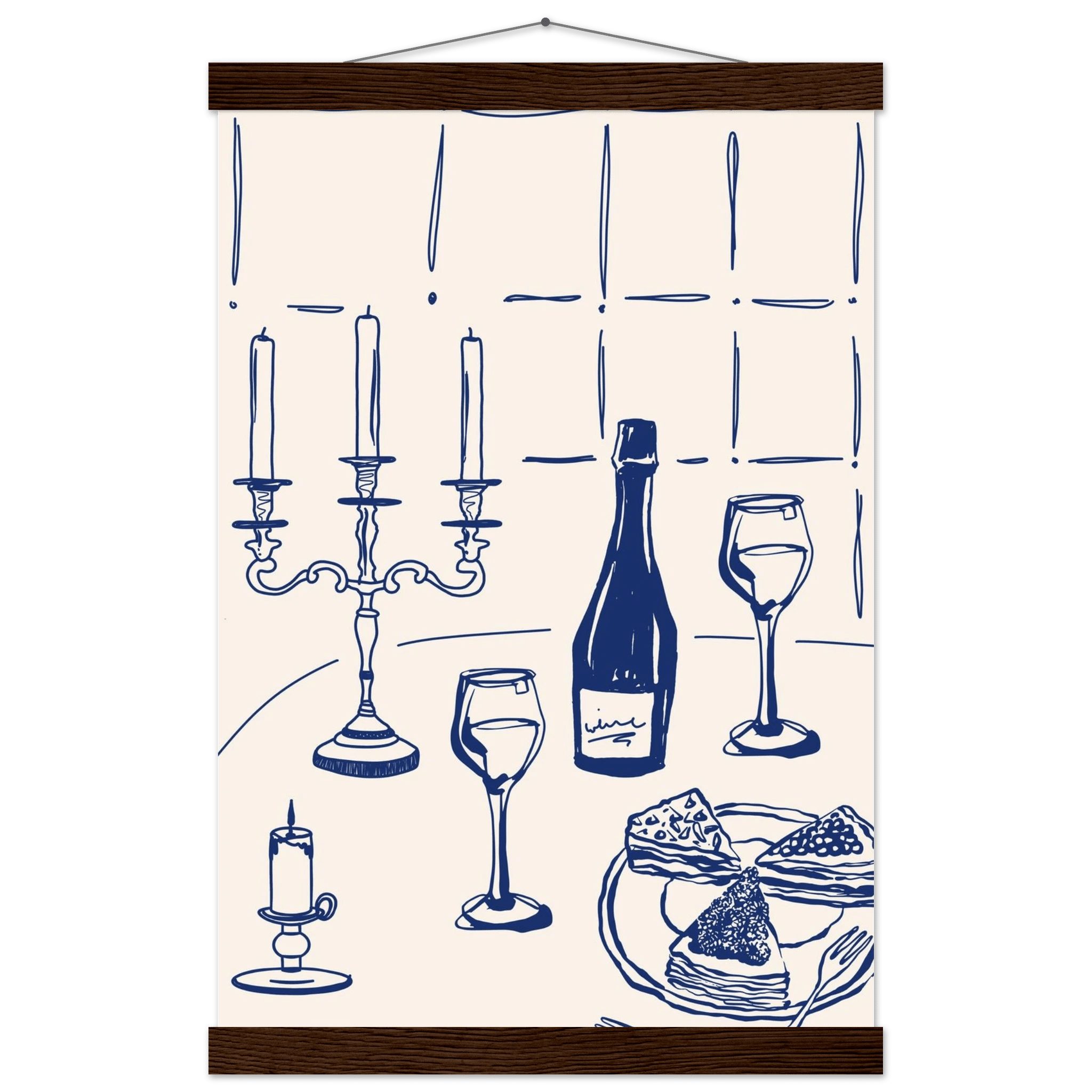 Candlelight Dinner Print | Navy Blue Wine & Candelabra Line Art | Kitchen Poster - Evergreen Posters
