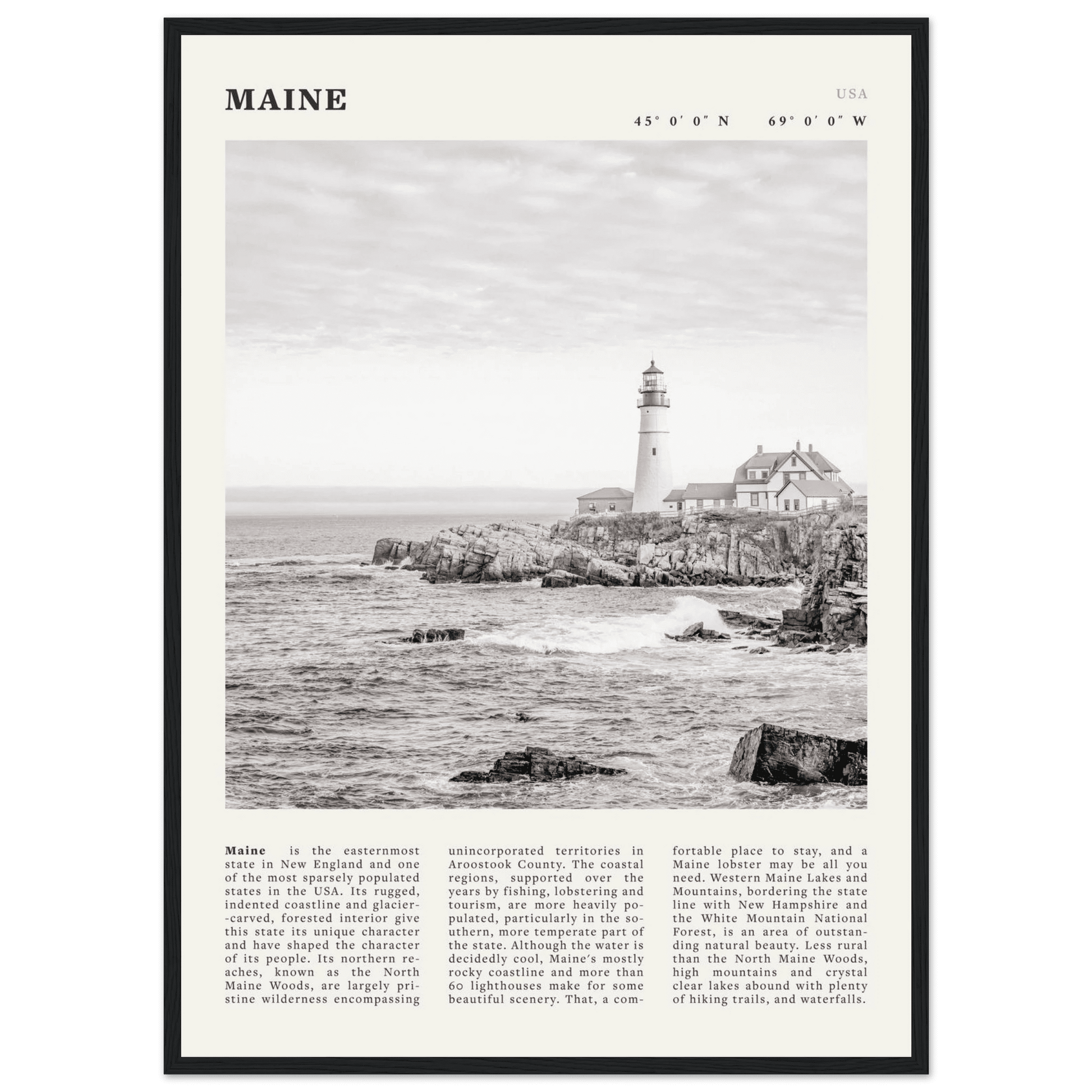 Maine Poster | Black & White Lighthouse Wall Art | New England Coastal Travel Print - Evergreen Posters