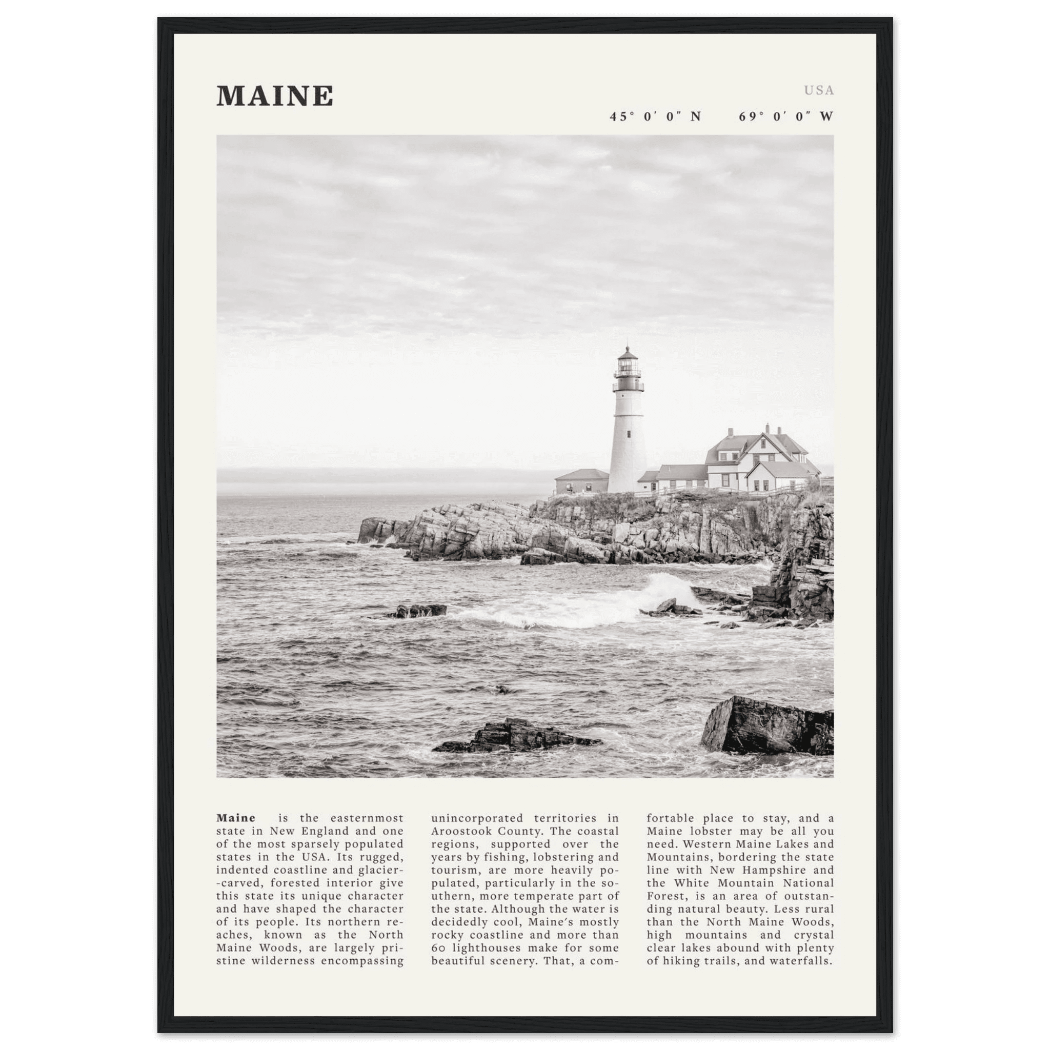 Maine Poster | Black & White Lighthouse Wall Art | New England Coastal Travel Print - Evergreen Posters