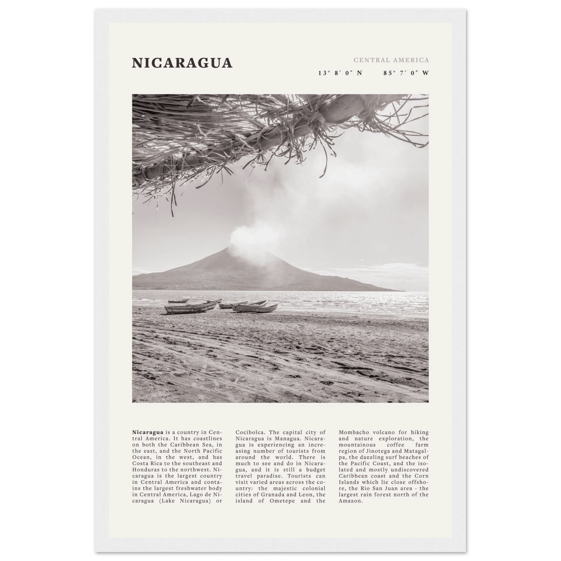 Nicaragua Poster | Black & White Volcano Wall Art | Central America Travel Print - Evergreen Posters