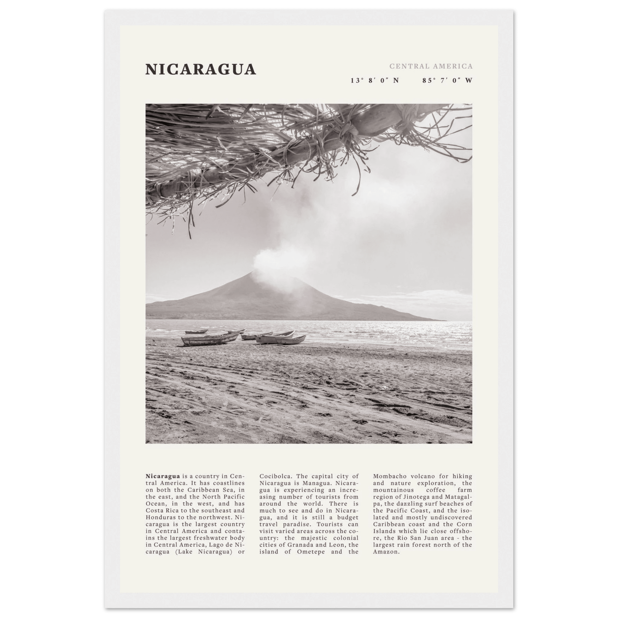 Nicaragua Poster | Black & White Volcano Wall Art | Central America Travel Print - Evergreen Posters