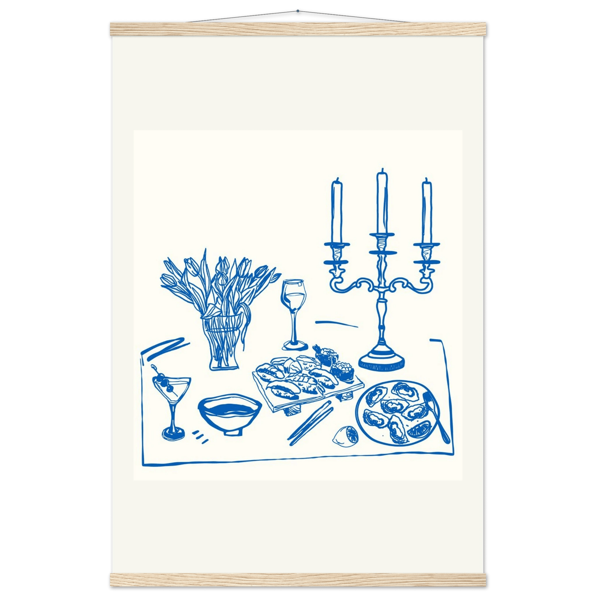 Fine Dining Table Print | Blue Line Art Kitchen Wall Art | Elegant Dining Room Poster - Evergreen Posters