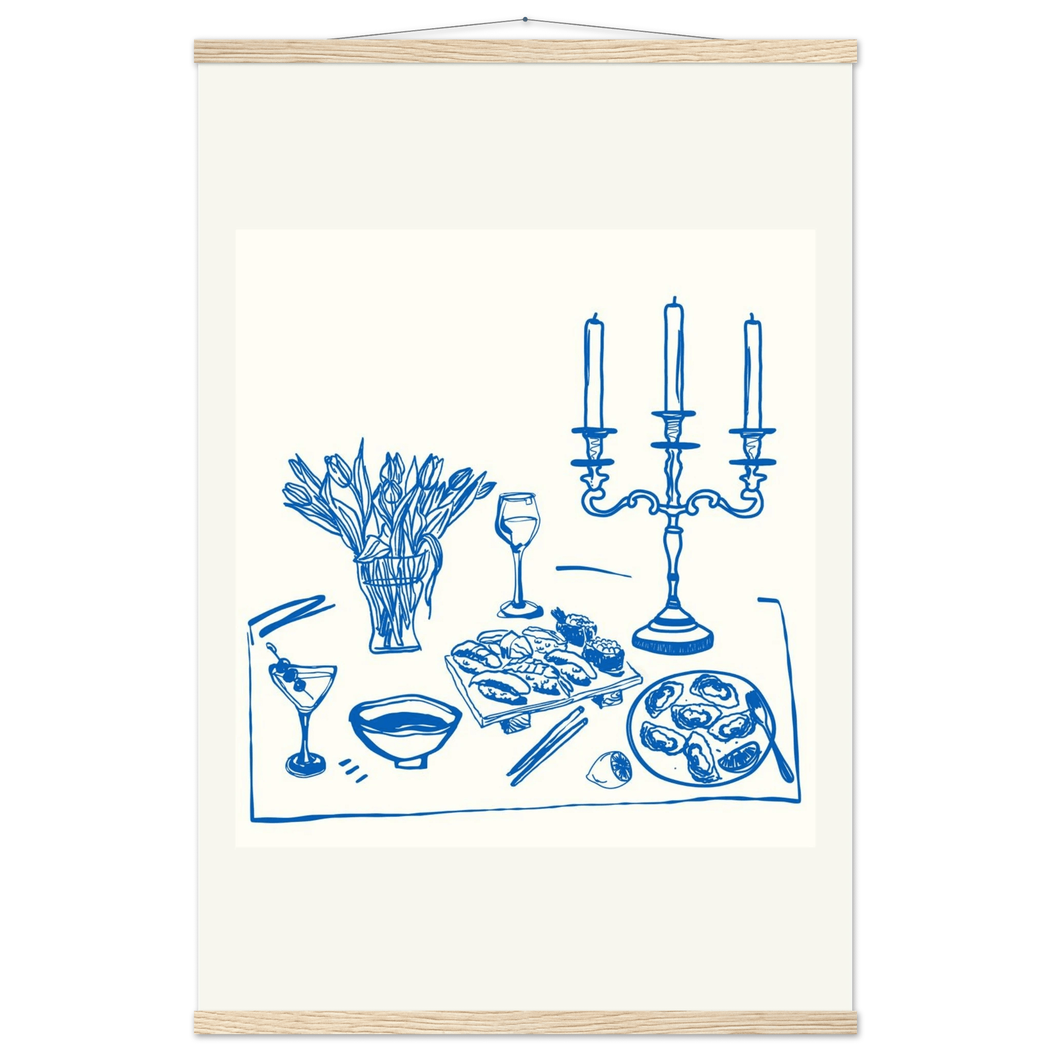 Fine Dining Table Print | Blue Line Art Kitchen Wall Art | Elegant Dining Room Poster - Evergreen Posters