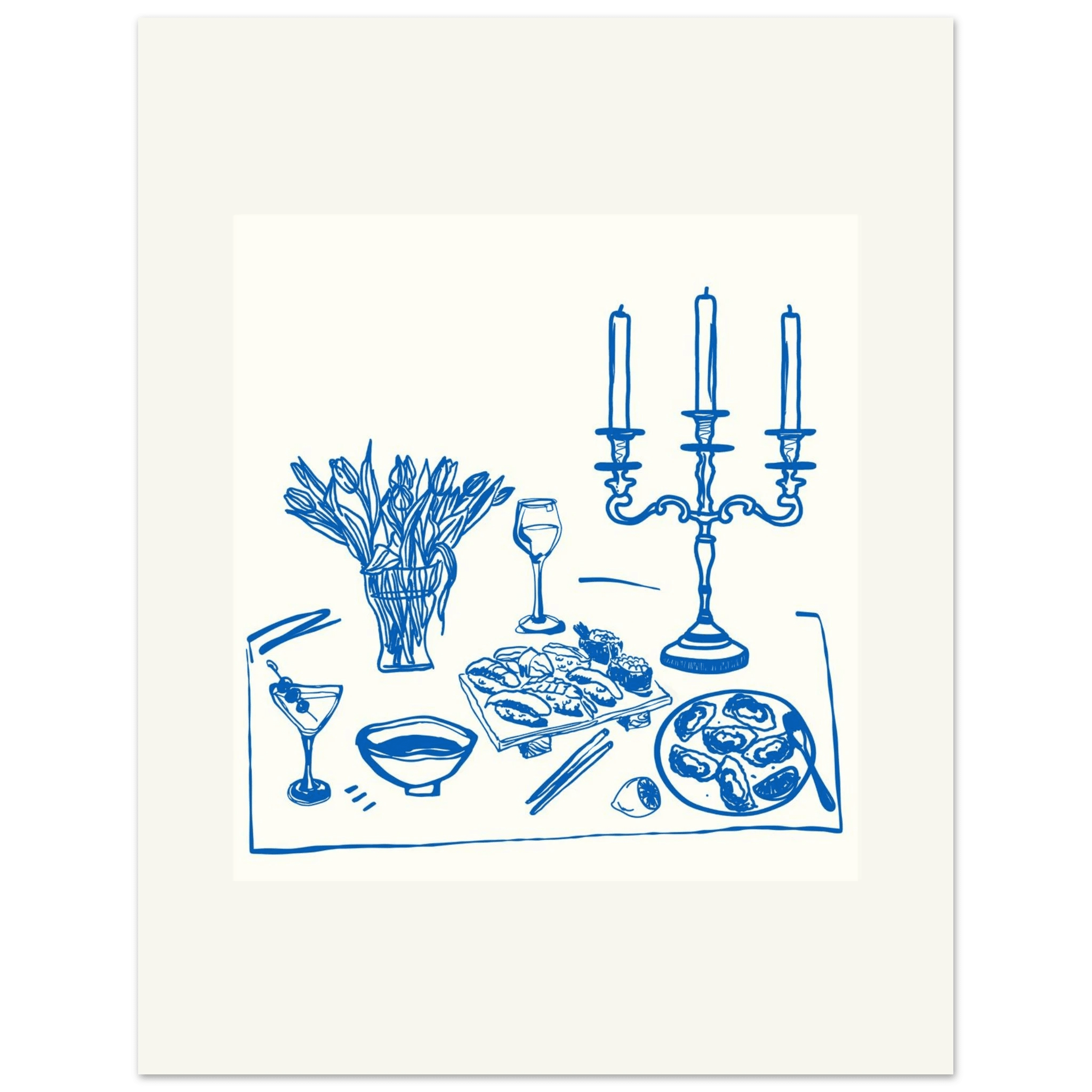 Fine Dining Table Print | Blue Line Art Kitchen Wall Art | Elegant Dining Room Poster - Evergreen Posters
