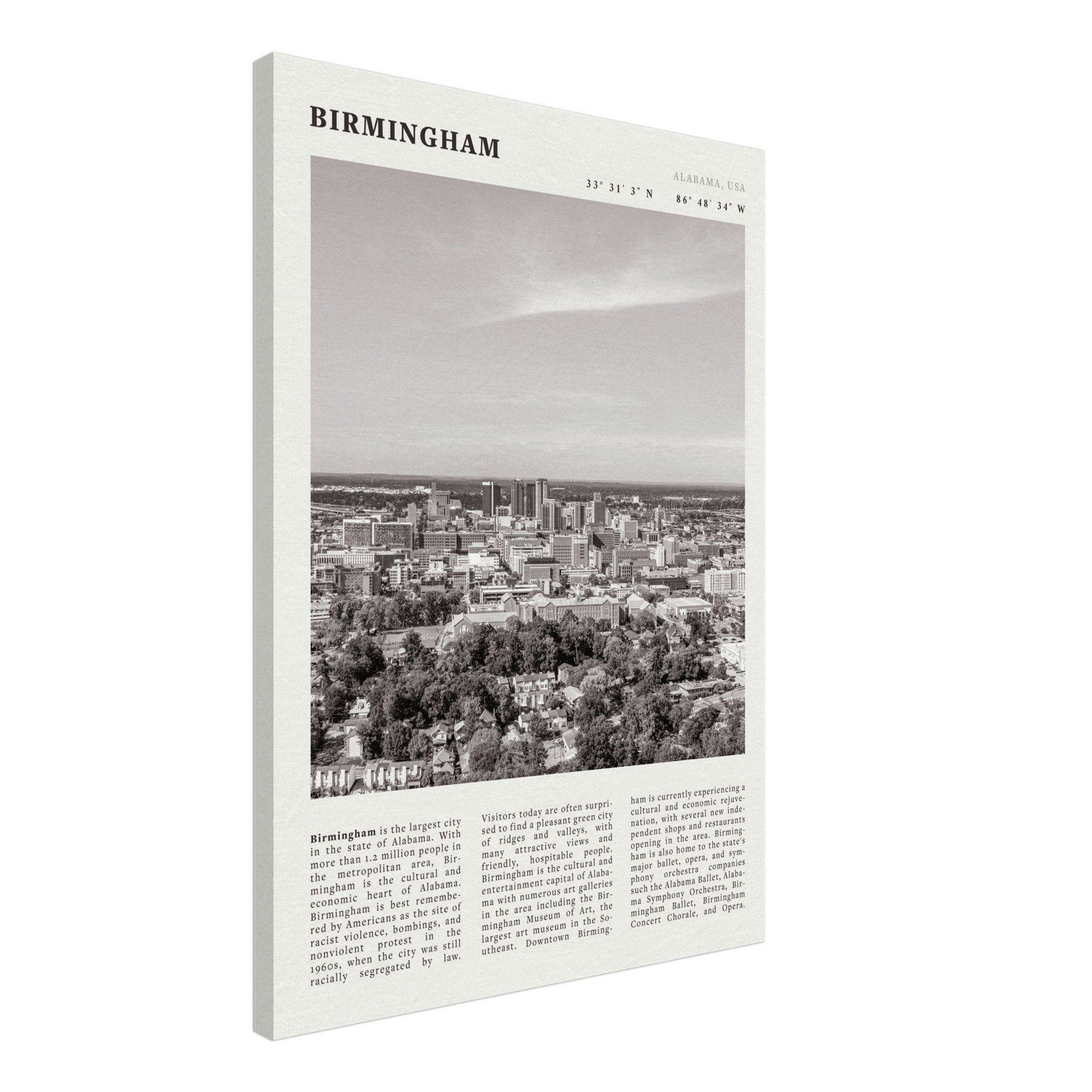 Birmingham Poster | Black & White Alabama Skyline Wall Art | AL Travel Print - Evergreen Posters