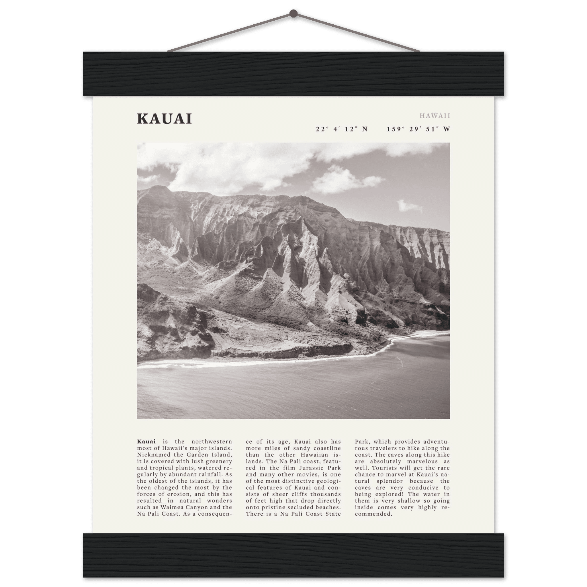 Kauai Poster | Black & White Na Pali Coast Wall Art | Hawaii Travel Print Decor - Evergreen Posters