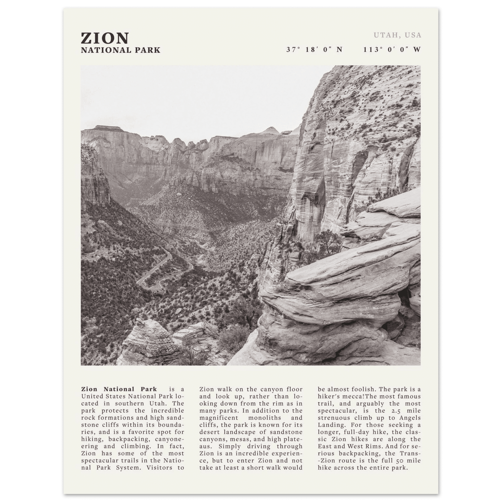 Zion National Park Poster | Black & White Utah Canyon Wall Art | USA Travel Print - Evergreen Posters