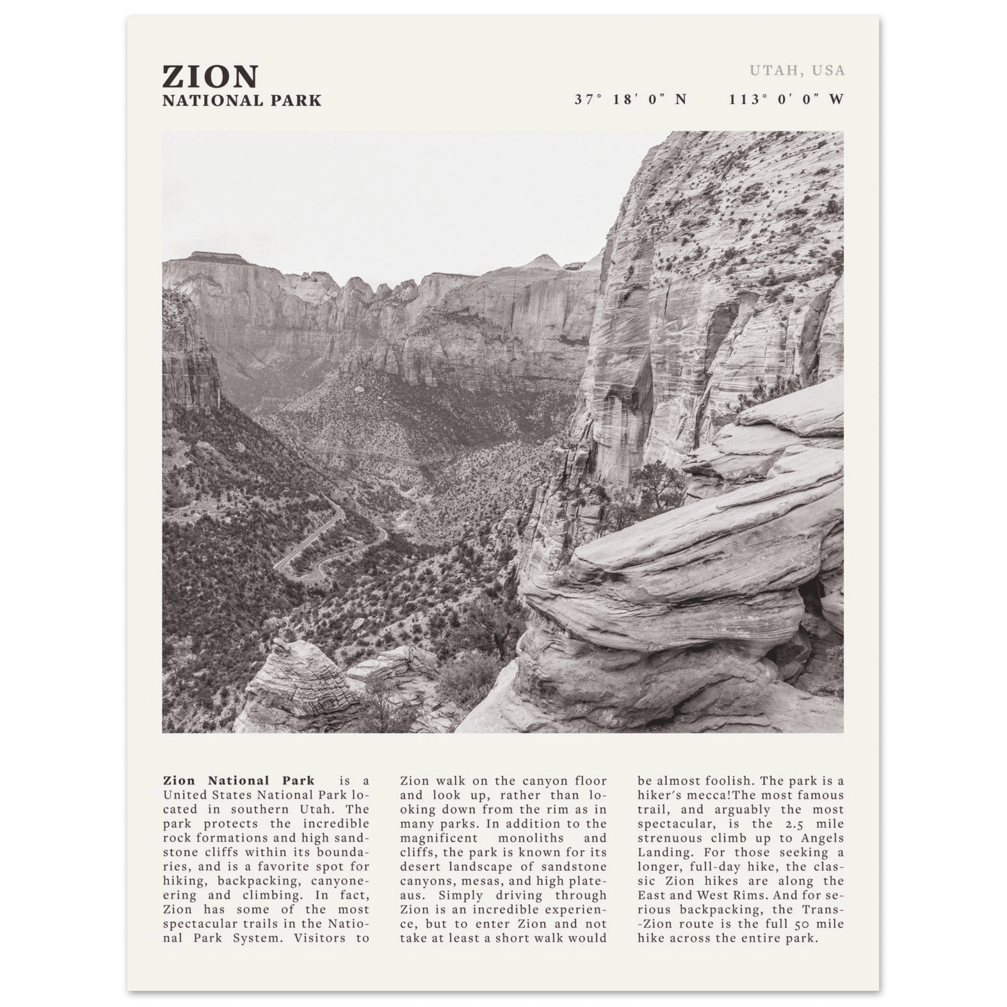 Zion National Park Poster | Black & White Utah Canyon Wall Art | USA Travel Print - Evergreen Posters