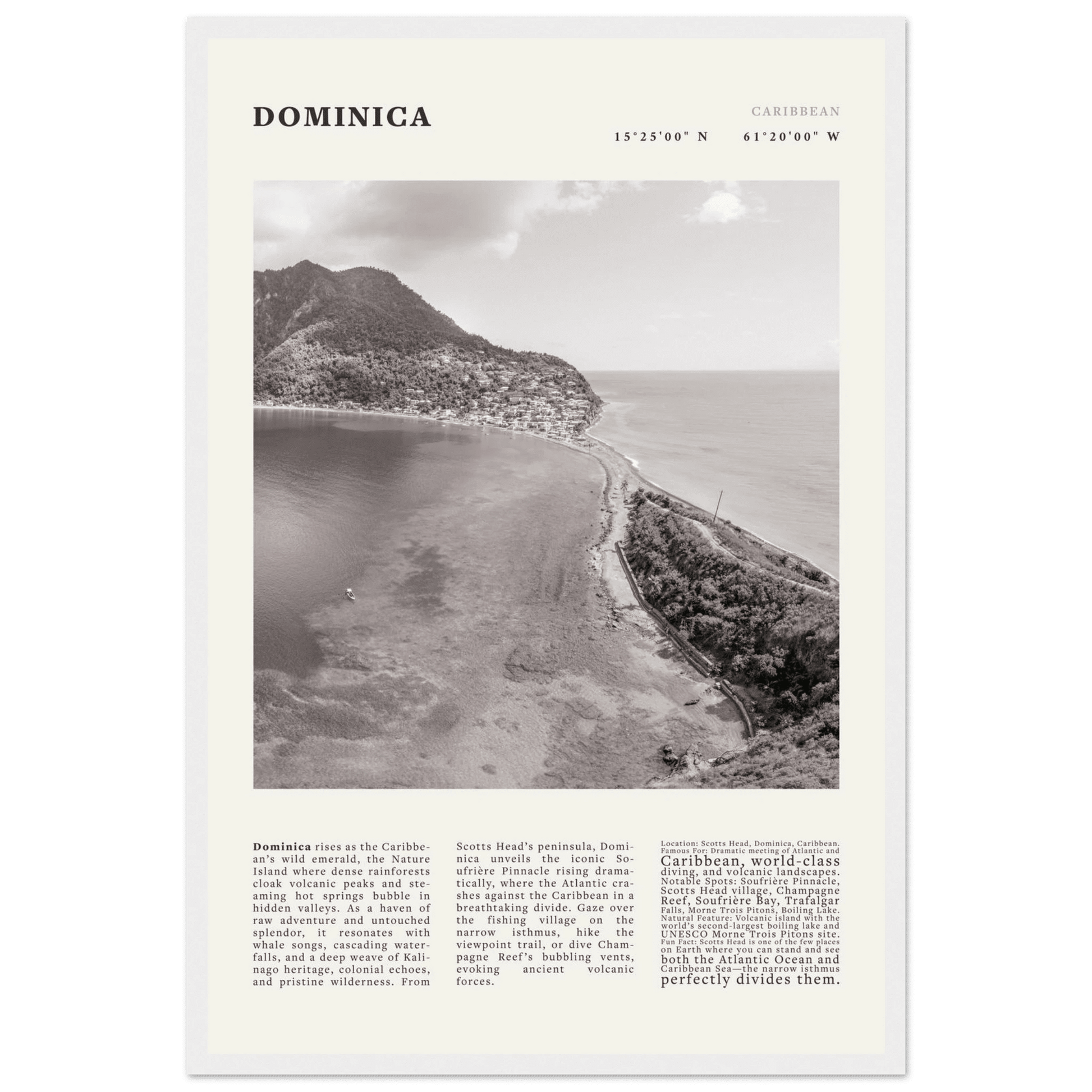 Dominica Poster Black and White – Vintage Caribbean Rainforest Island Print (Digital & Printed Options) - Evergreen Posters