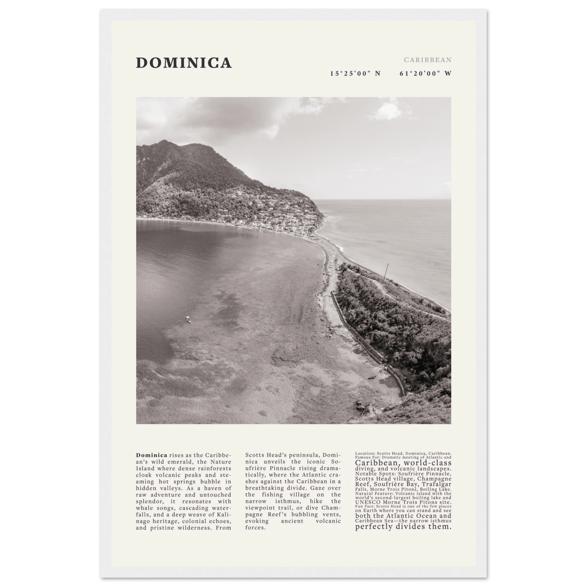 Dominica Poster Black and White – Vintage Caribbean Rainforest Island Print (Digital & Printed Options) - Evergreen Posters