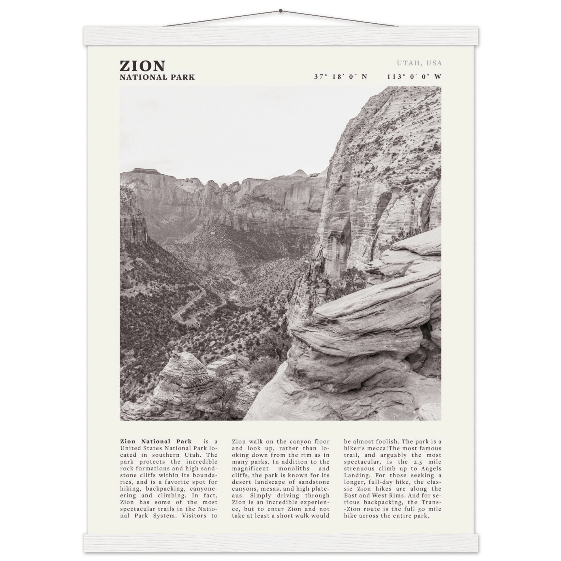 Zion National Park Poster | Black & White Utah Canyon Wall Art | USA Travel Print - Evergreen Posters