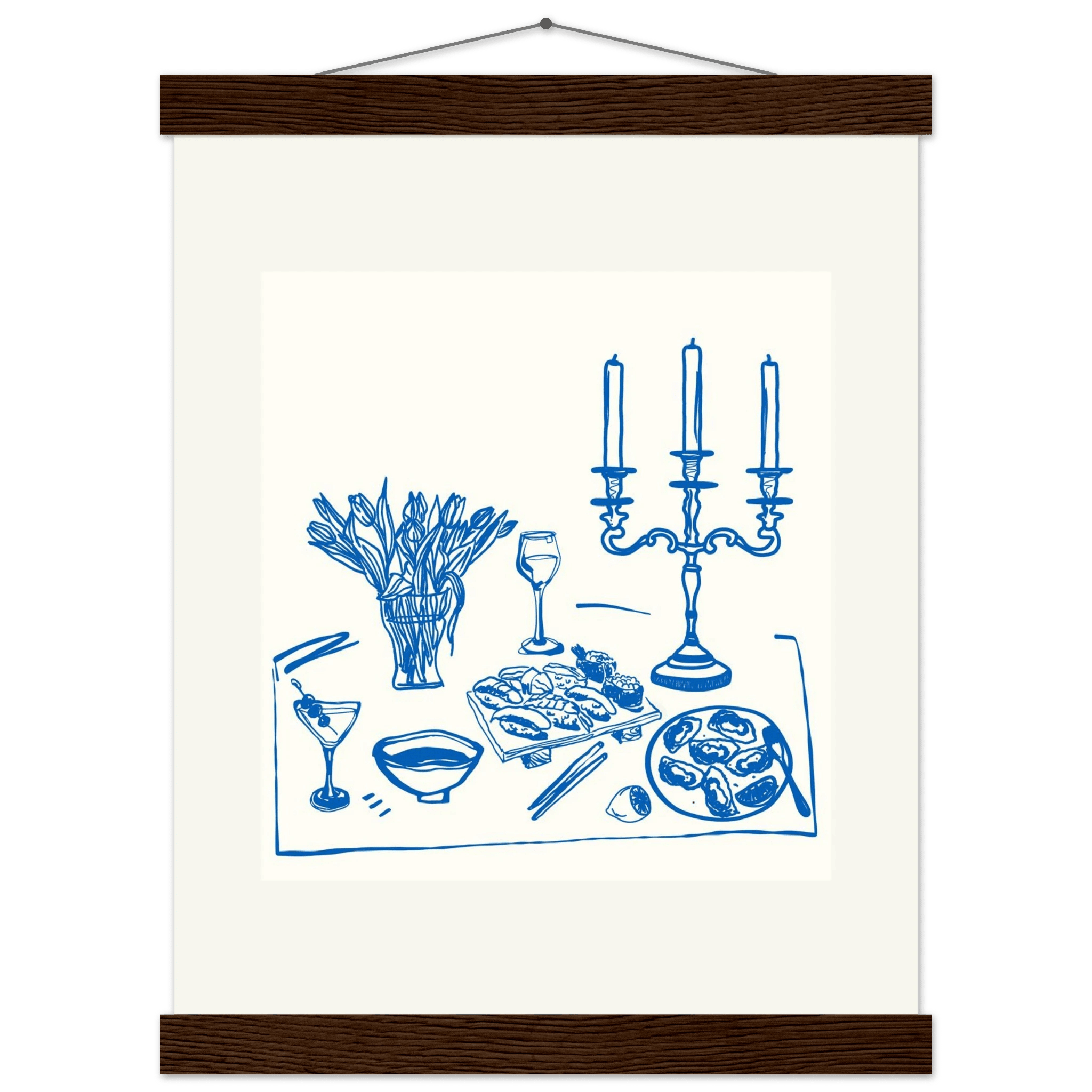 Fine Dining Table Print | Blue Line Art Kitchen Wall Art | Elegant Dining Room Poster - Evergreen Posters
