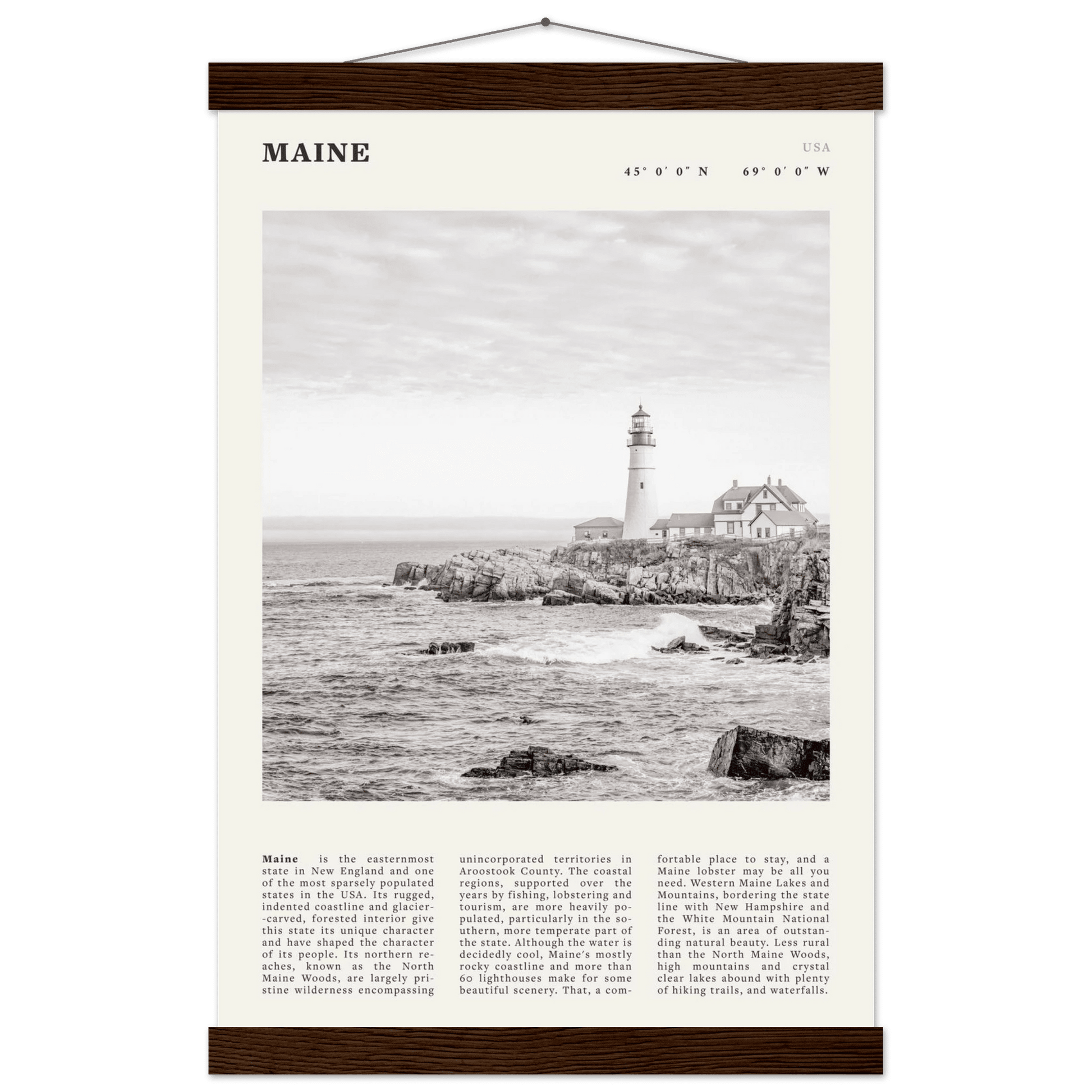 Maine Poster | Black & White Lighthouse Wall Art | New England Coastal Travel Print - Evergreen Posters