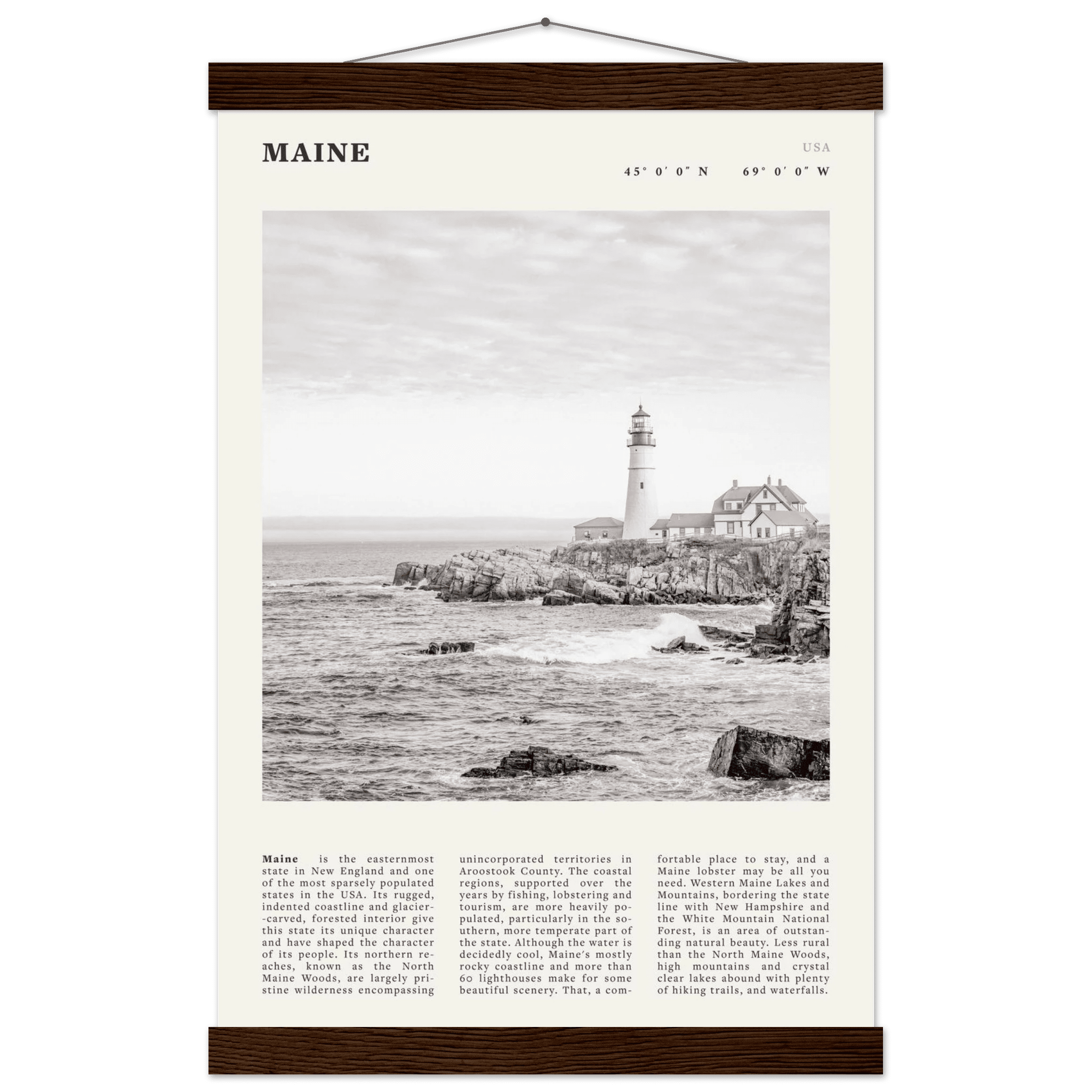 Maine Poster | Black & White Lighthouse Wall Art | New England Coastal Travel Print - Evergreen Posters