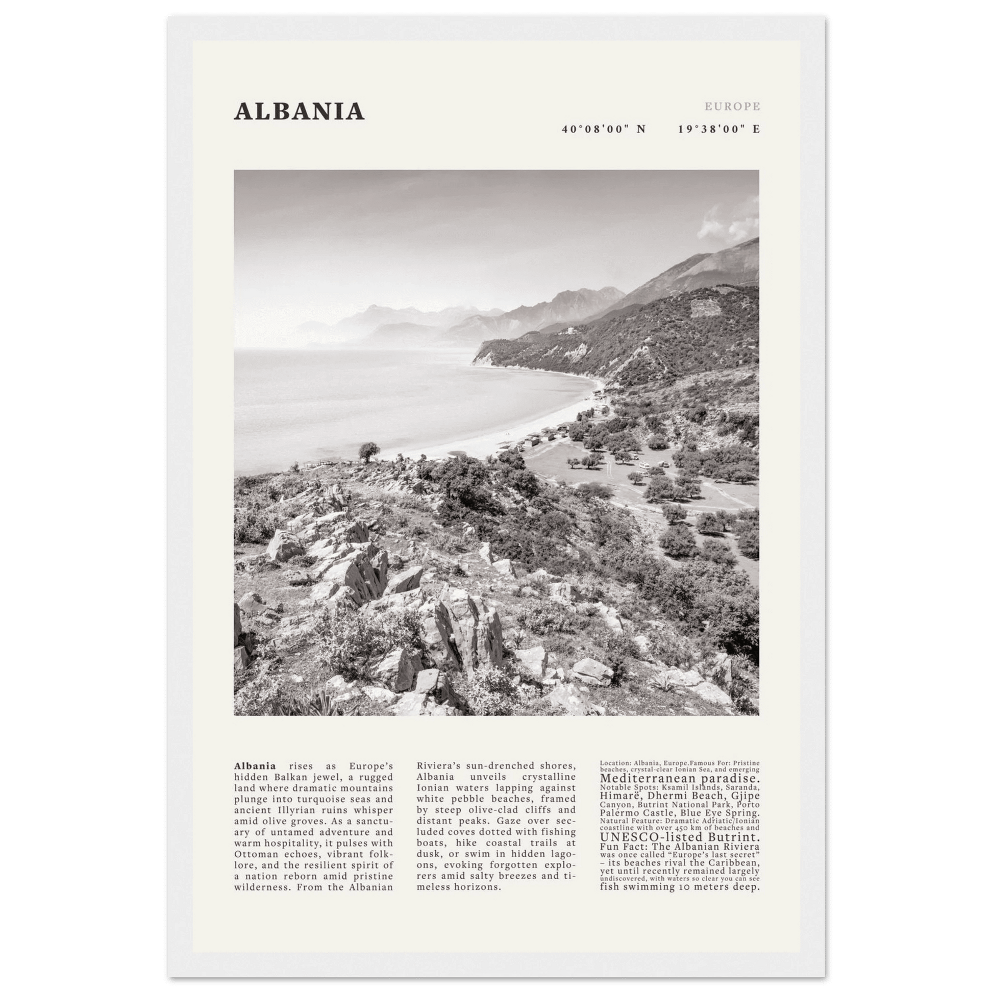 Albania Poster Black and White – Vintage Albanian Riviera Travel Print (Digital & Printed Options) - Evergreen Posters