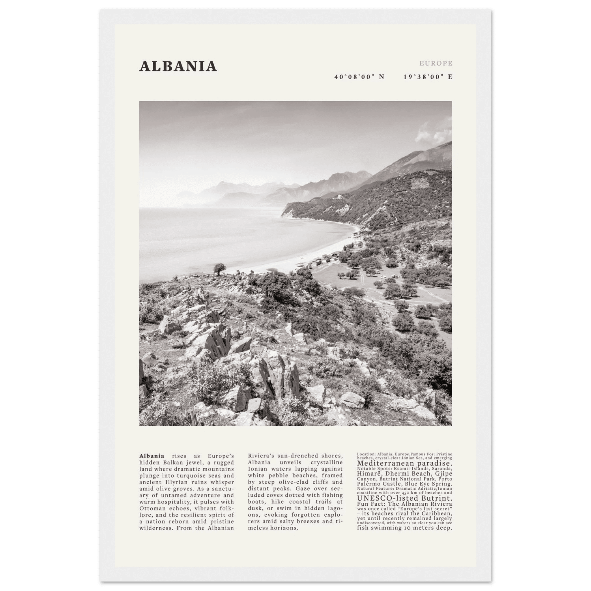 Albania Poster Black and White – Vintage Albanian Riviera Travel Print (Digital & Printed Options) - Evergreen Posters