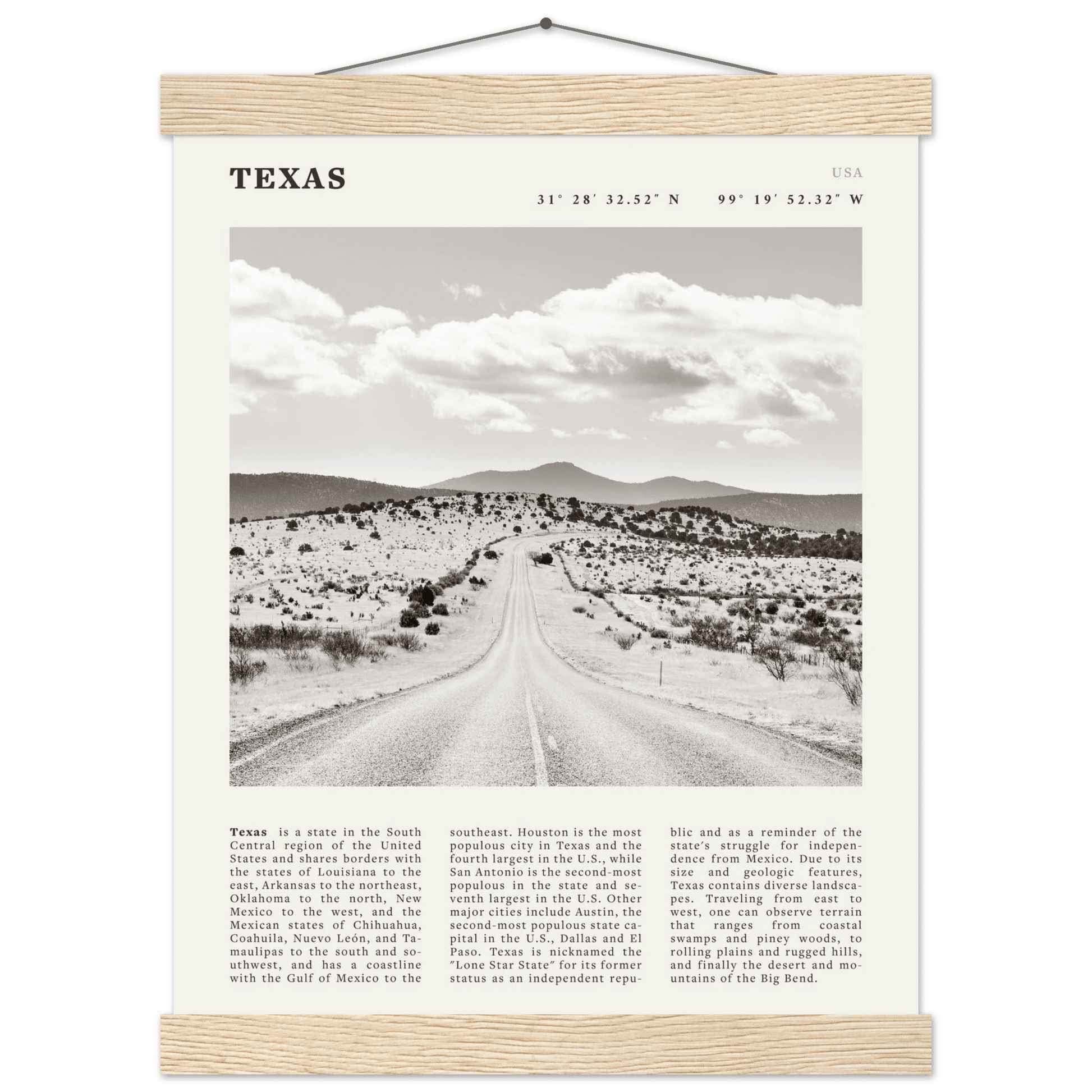 Texas Poster | Black & White Lone Star Road Wall Art | USA Travel Print Decor - Evergreen Posters