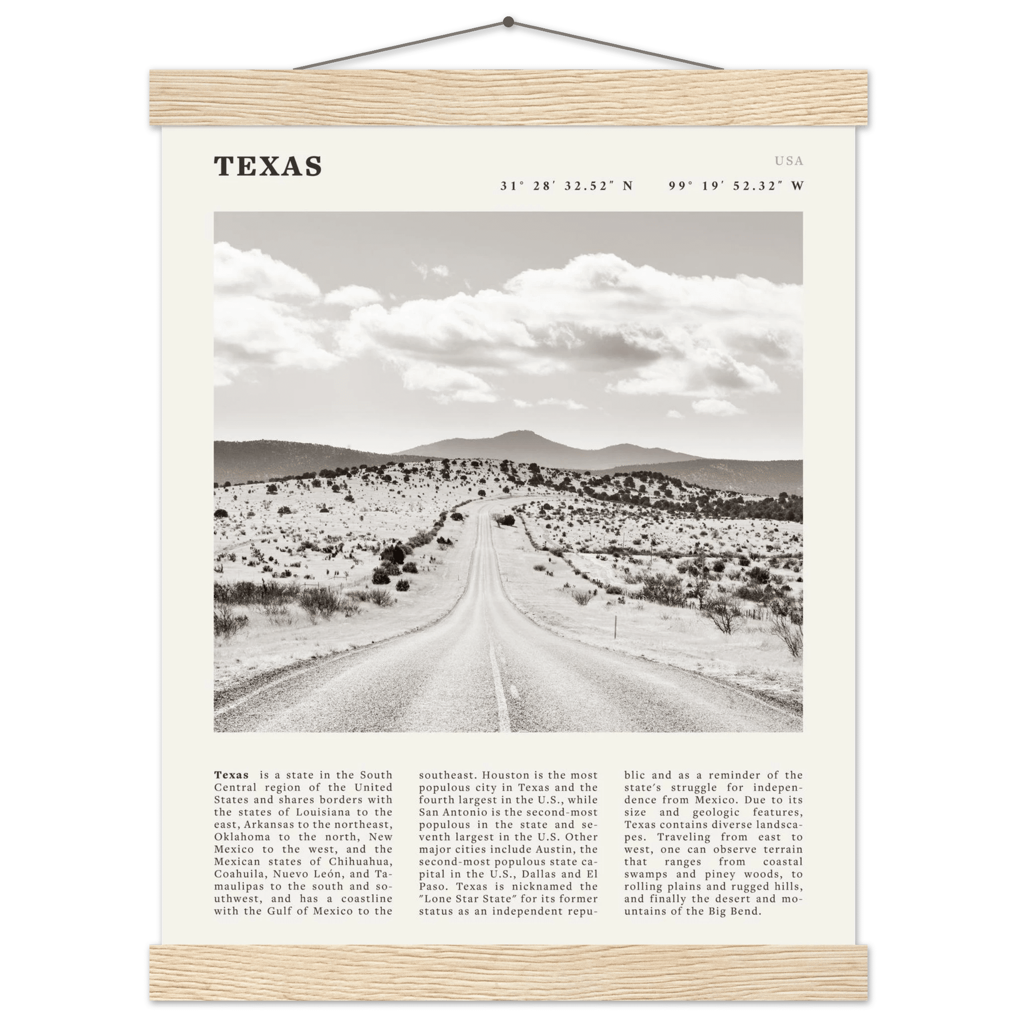 Texas Poster | Black & White Lone Star Road Wall Art | USA Travel Print Decor - Evergreen Posters
