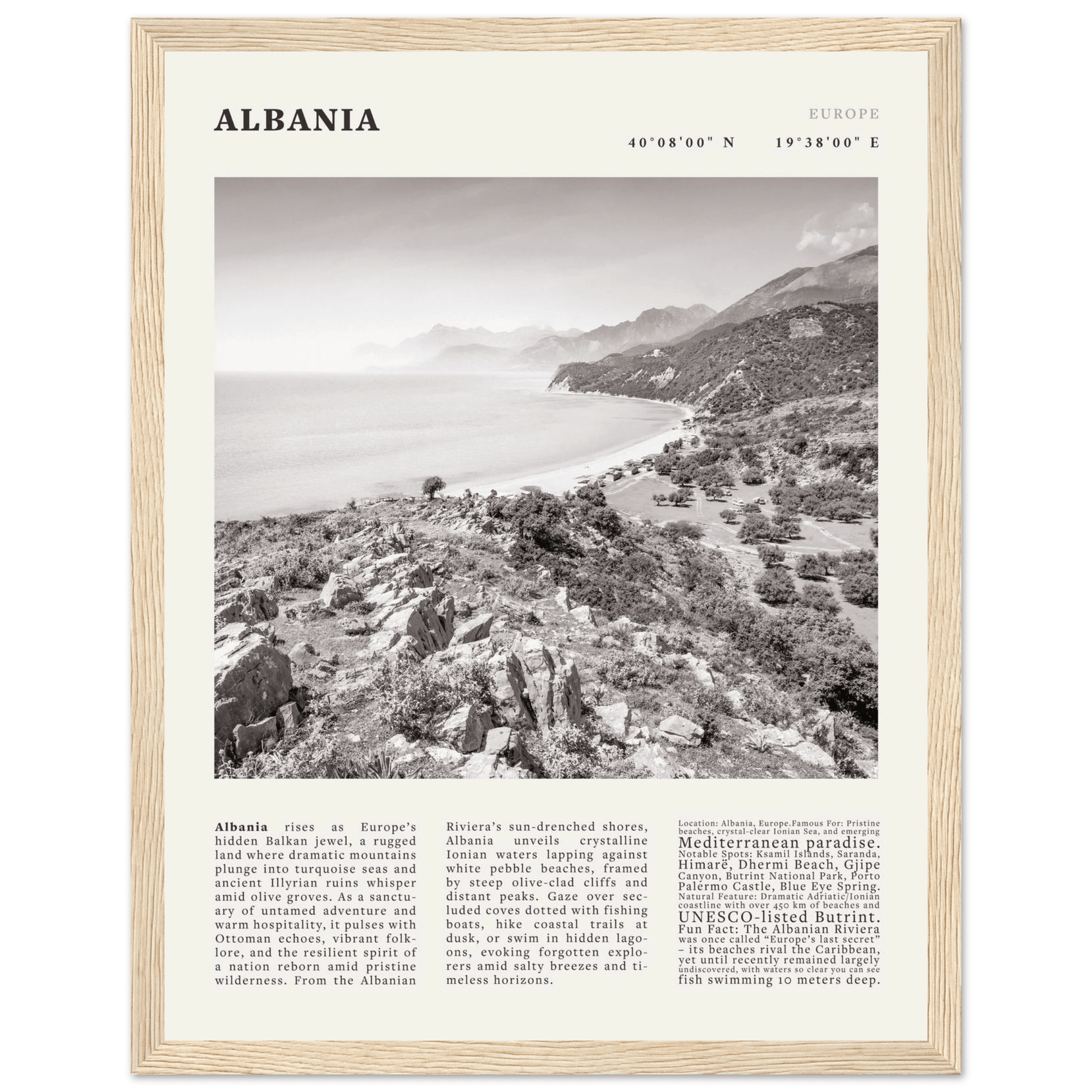 Albania Poster Black and White – Vintage Albanian Riviera Travel Print (Digital & Printed Options) - Evergreen Posters