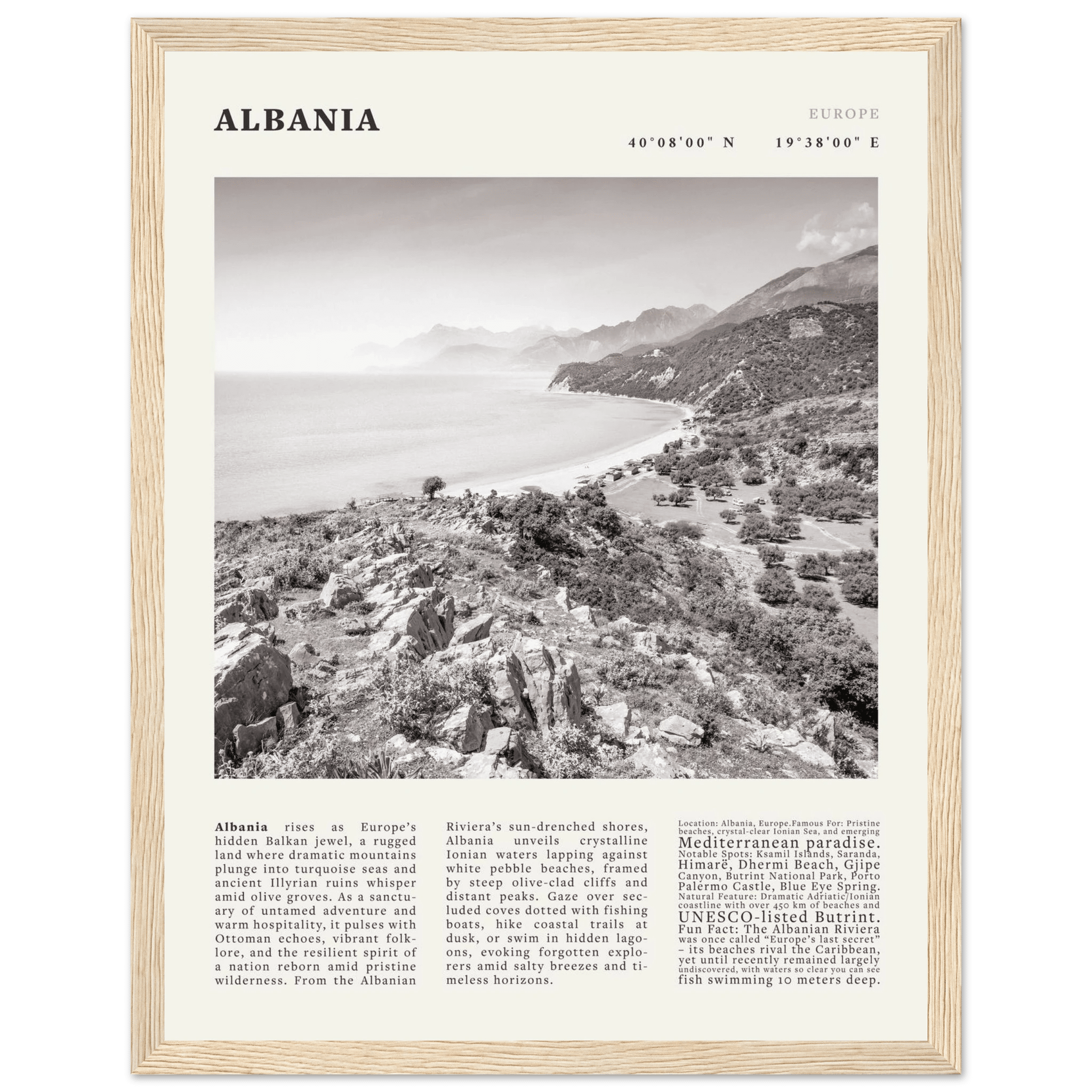 Albania Poster Black and White – Vintage Albanian Riviera Travel Print (Digital & Printed Options) - Evergreen Posters