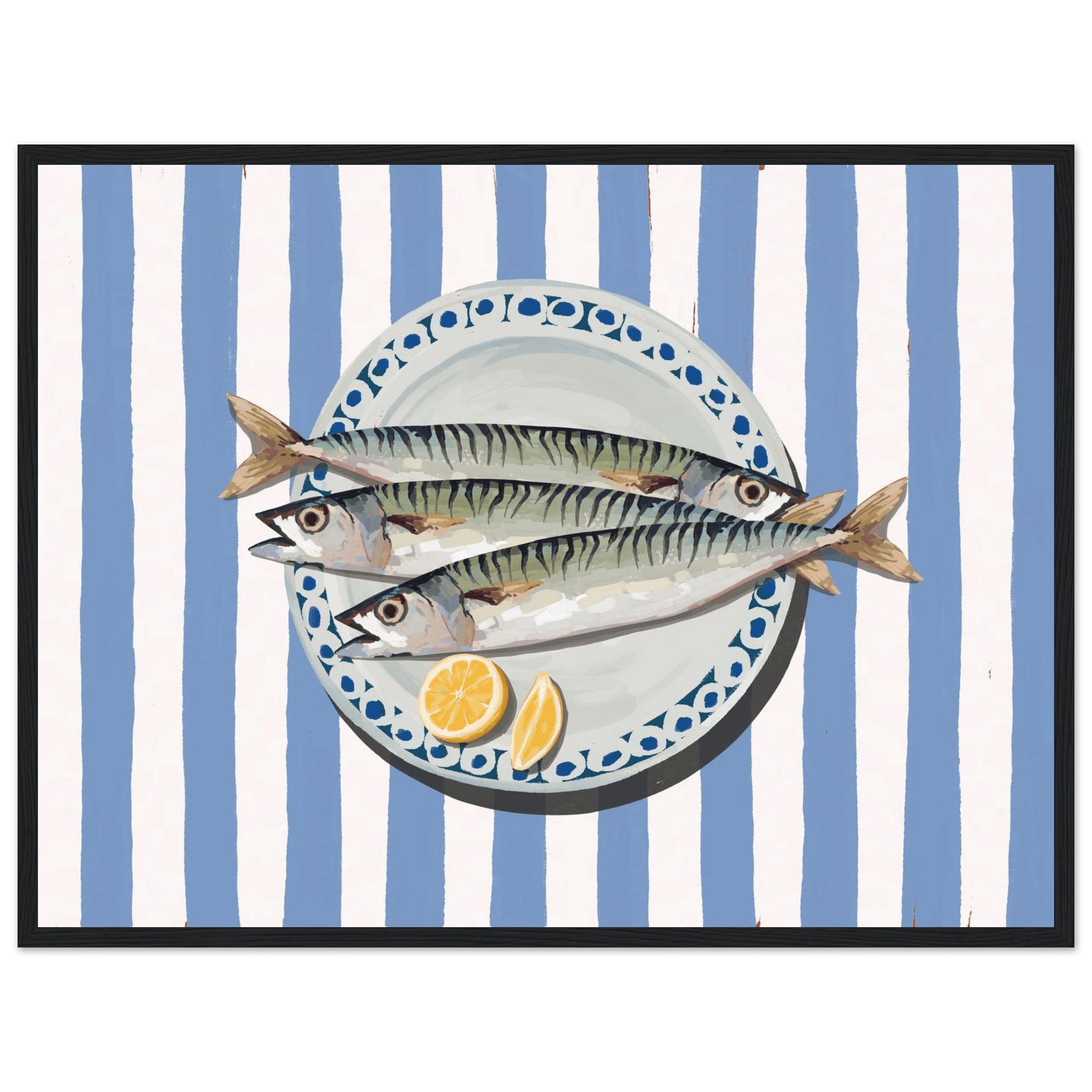 Sardines Print | Blue Stripe Fish Kitchen Wall Art | Coastal Food Poster - Evergreen Posters