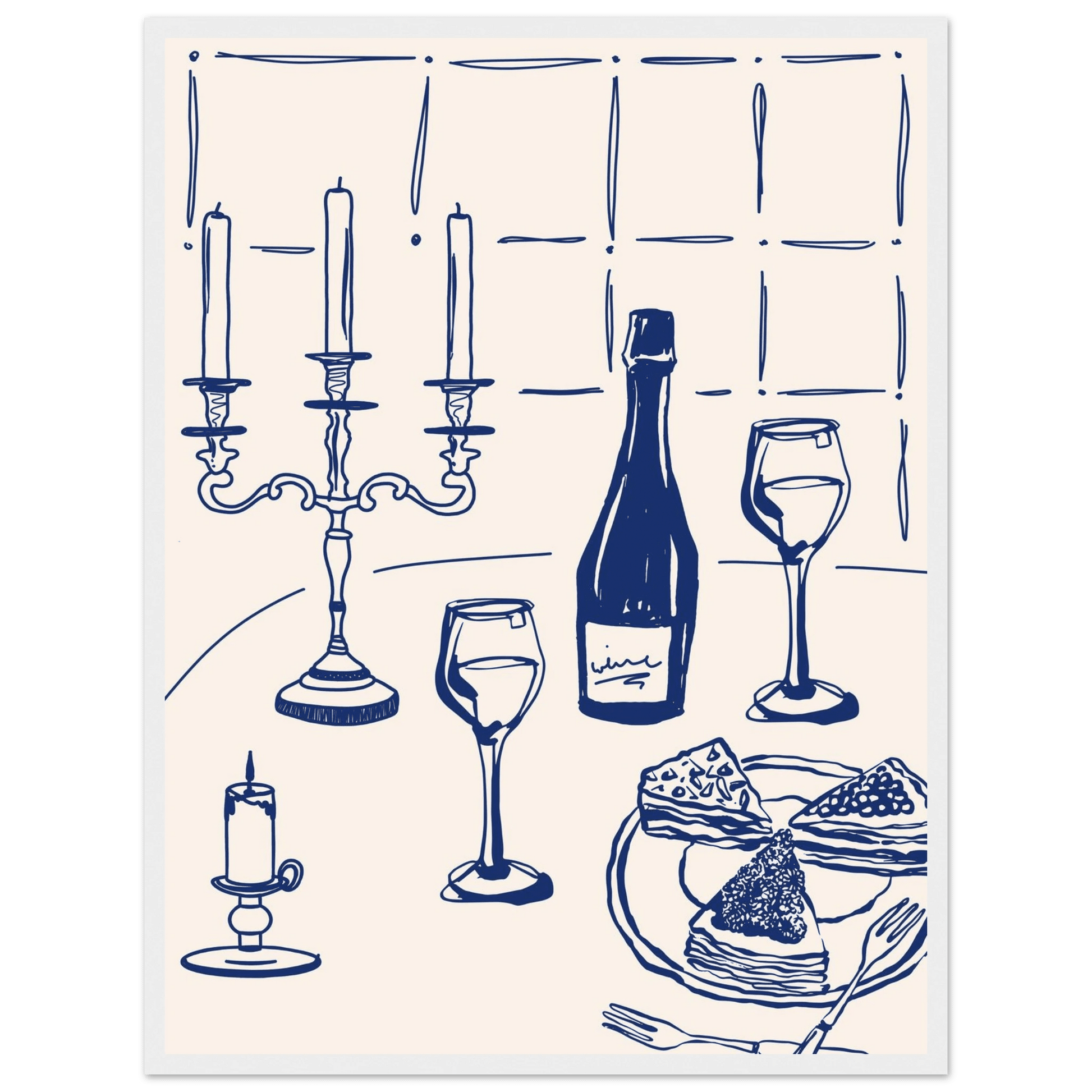 Candlelight Dinner Print | Navy Blue Wine & Candelabra Line Art | Kitchen Poster - Evergreen Posters