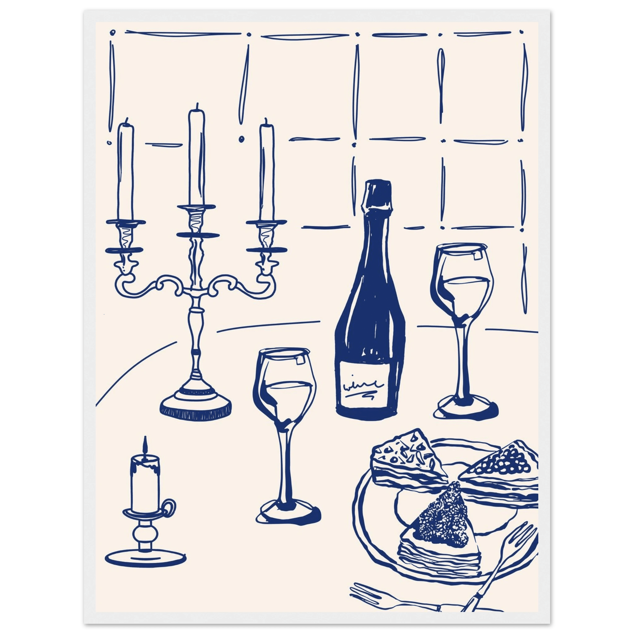Candlelight Dinner Print | Navy Blue Wine & Candelabra Line Art | Kitchen Poster - Evergreen Posters