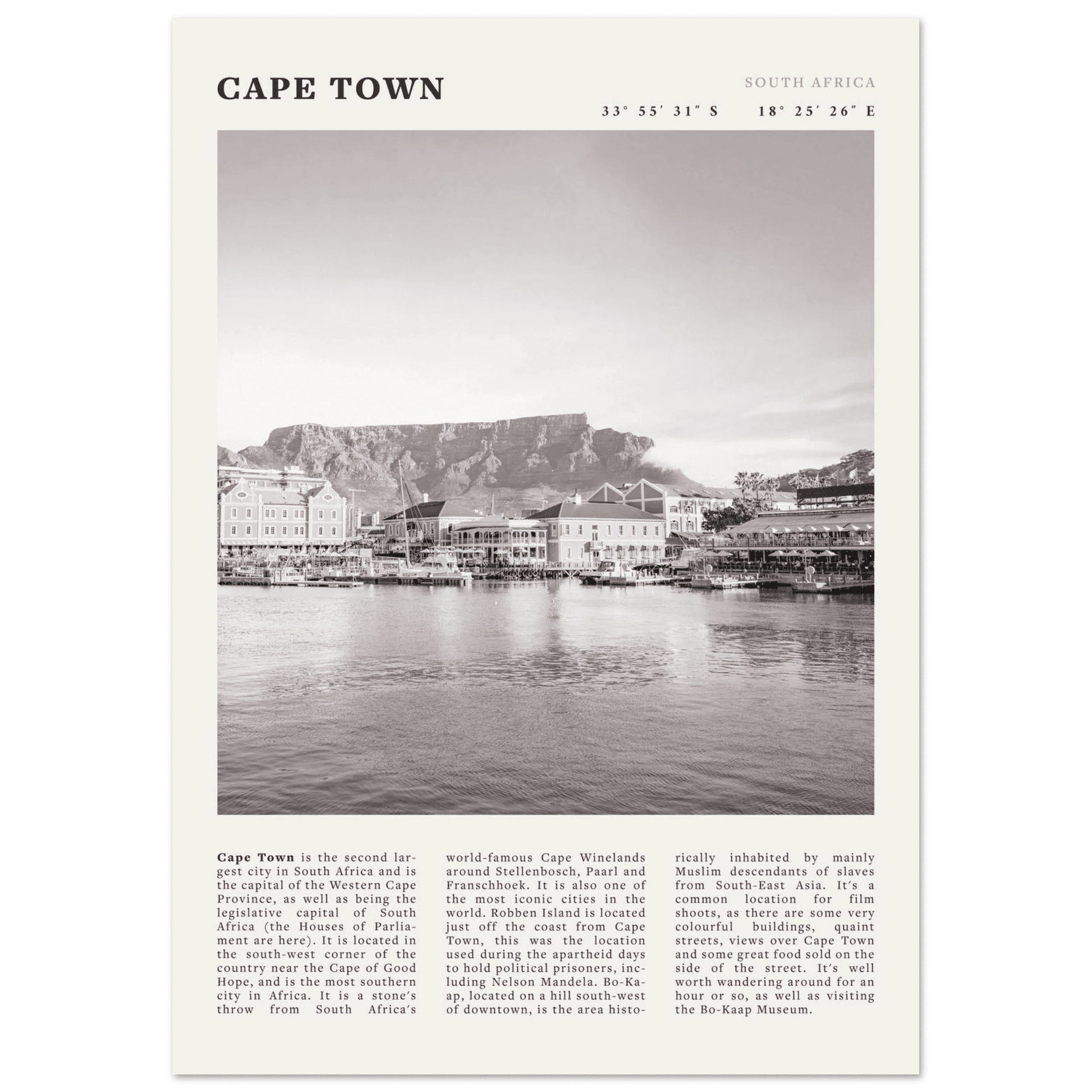 Cape Town Poster | Black & White Table Mountain Wall Art | South Africa Travel Print - Evergreen Posters