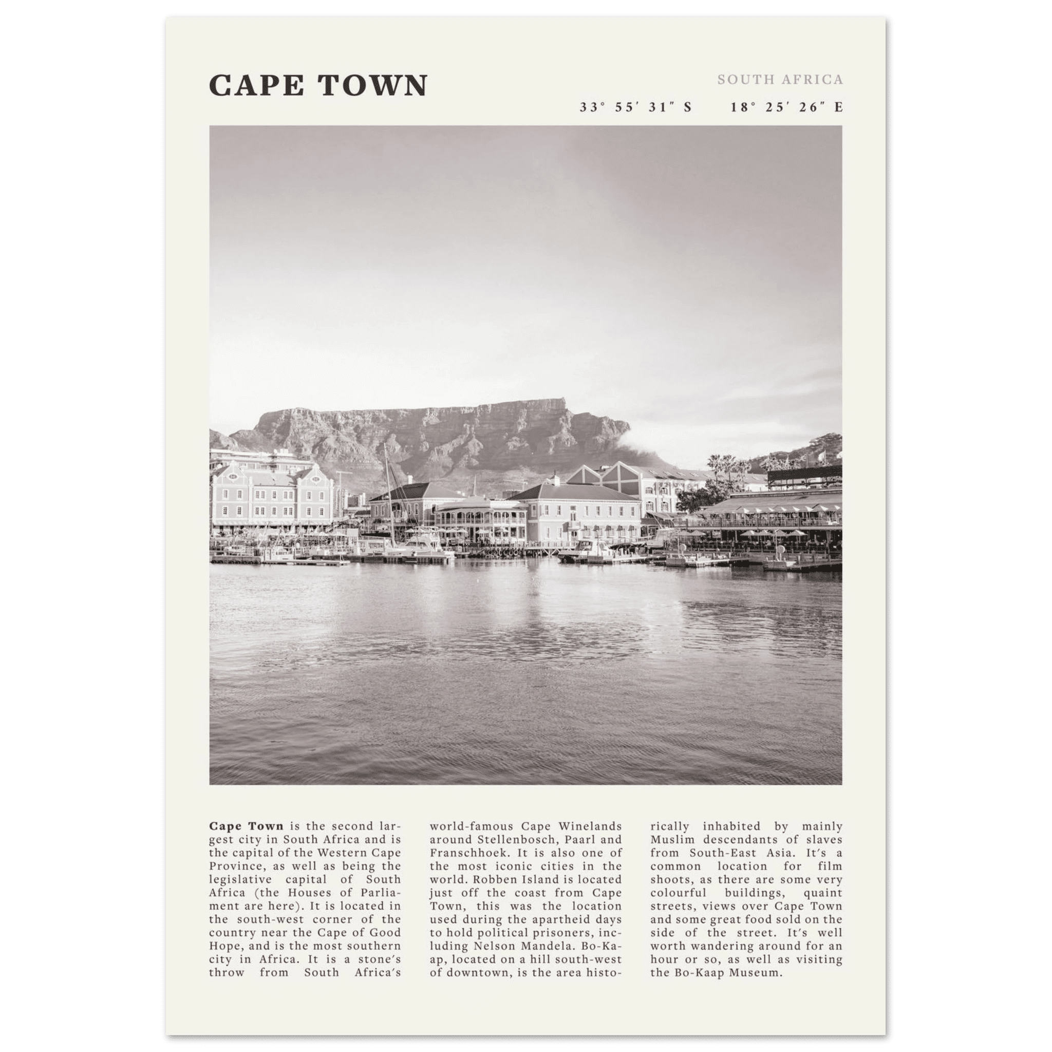 Cape Town Poster | Black & White Table Mountain Wall Art | South Africa Travel Print - Evergreen Posters
