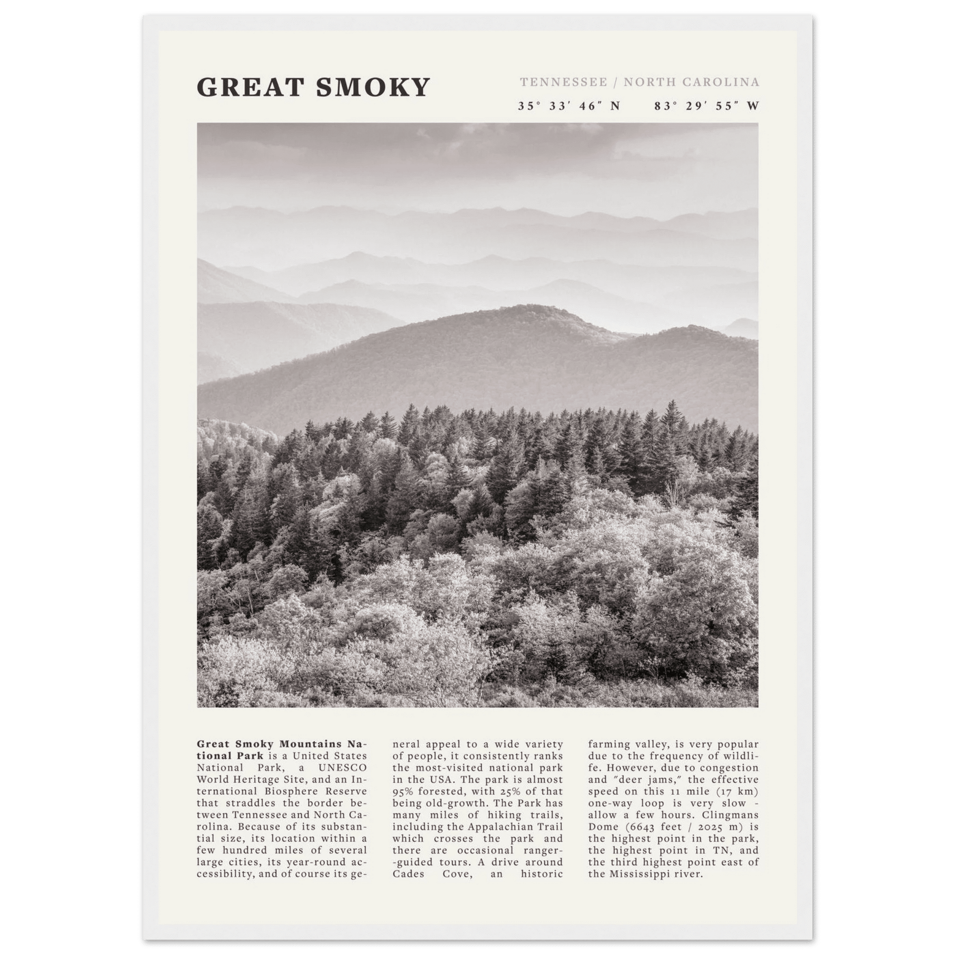 Great Smoky Mountains Poster | Black & White National Park Wall Art | Tennessee Print - Evergreen Posters