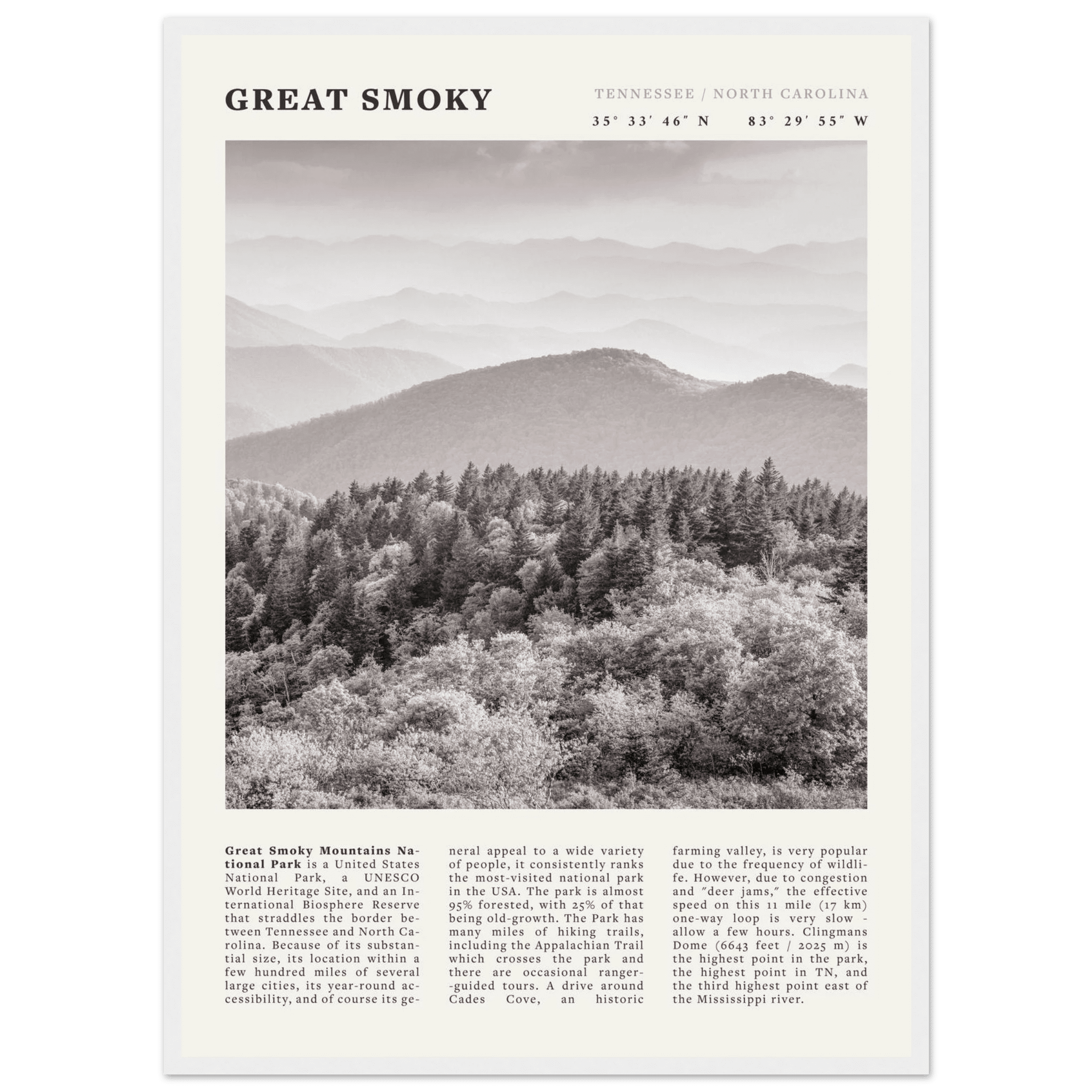 Great Smoky Mountains Poster | Black & White National Park Wall Art | Tennessee Print - Evergreen Posters