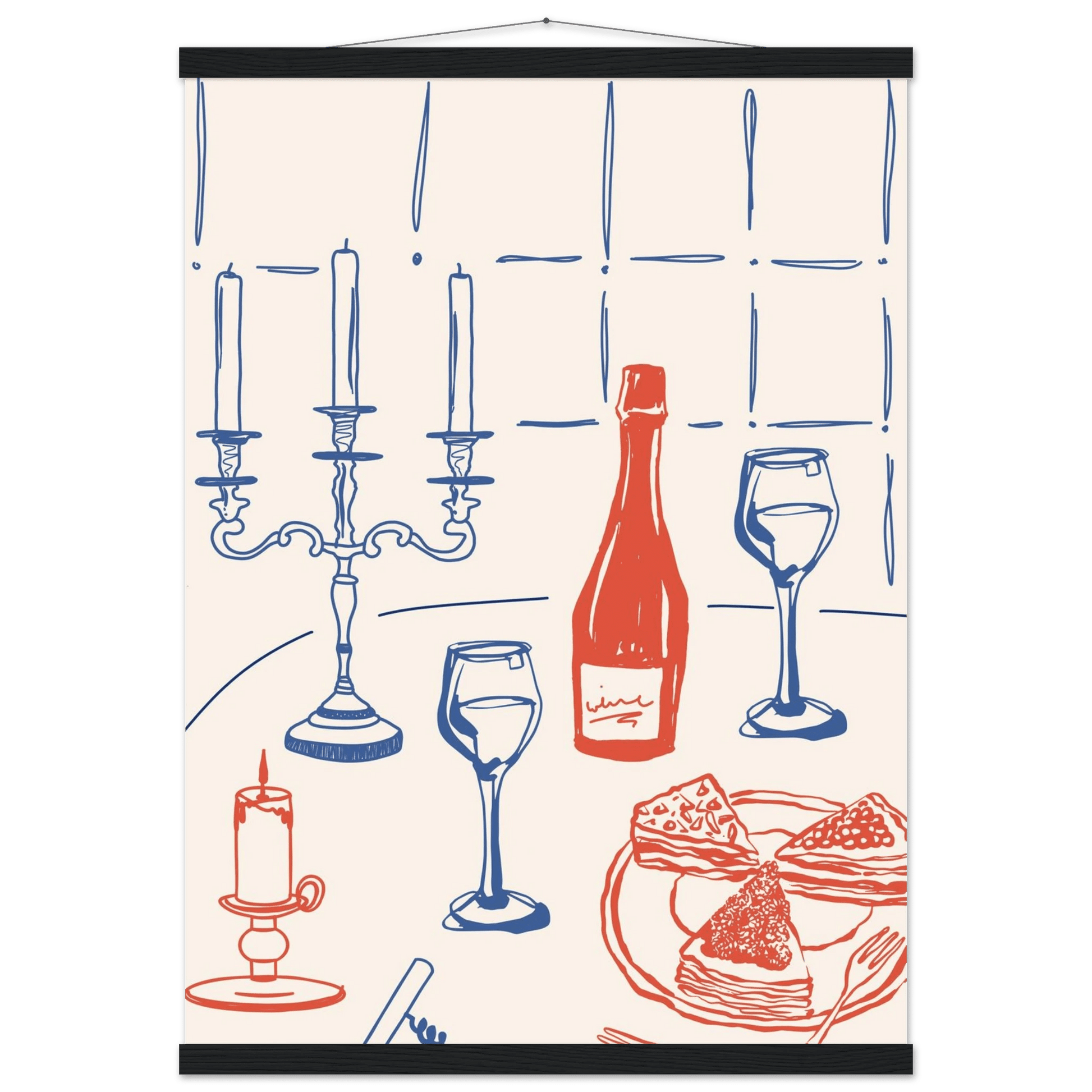 Candlelight Dinner Print | Wine & Candelabra Line Art Wall Art | Kitchen Poster - Evergreen Posters