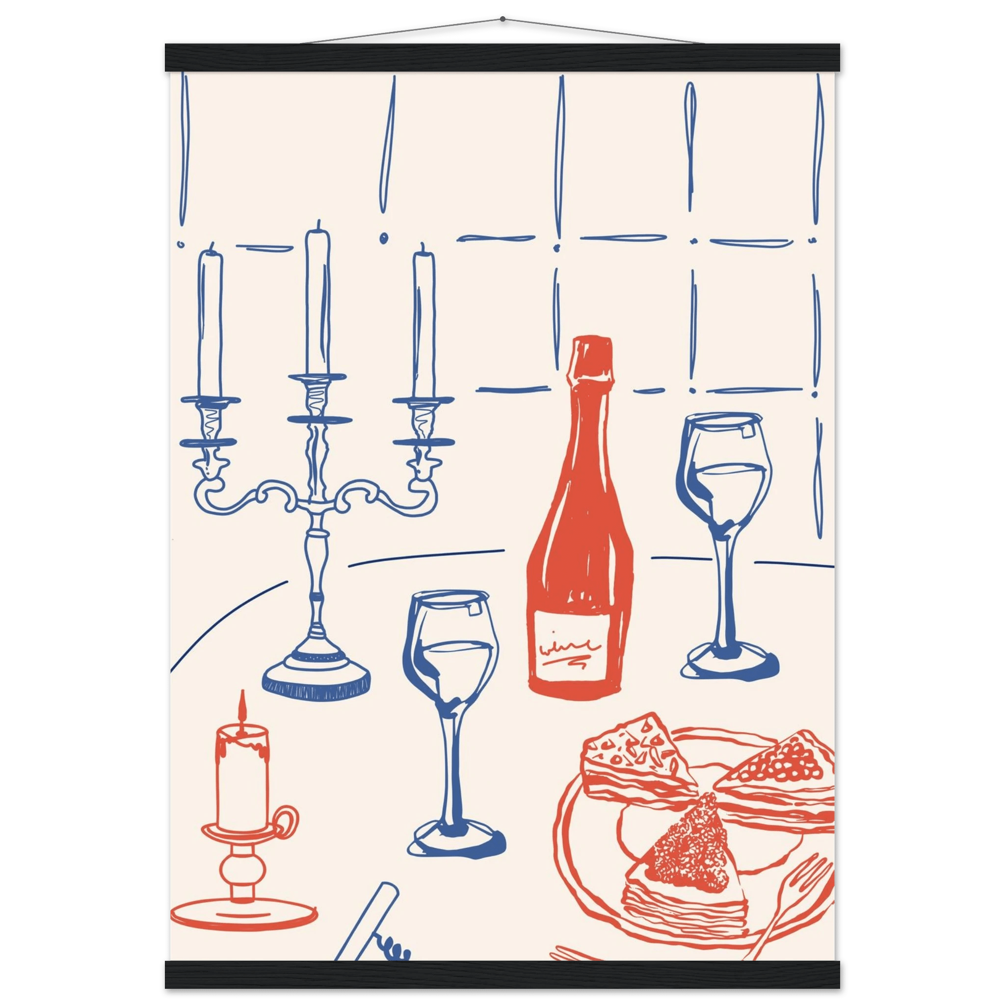 Candlelight Dinner Print | Wine & Candelabra Line Art Wall Art | Kitchen Poster - Evergreen Posters