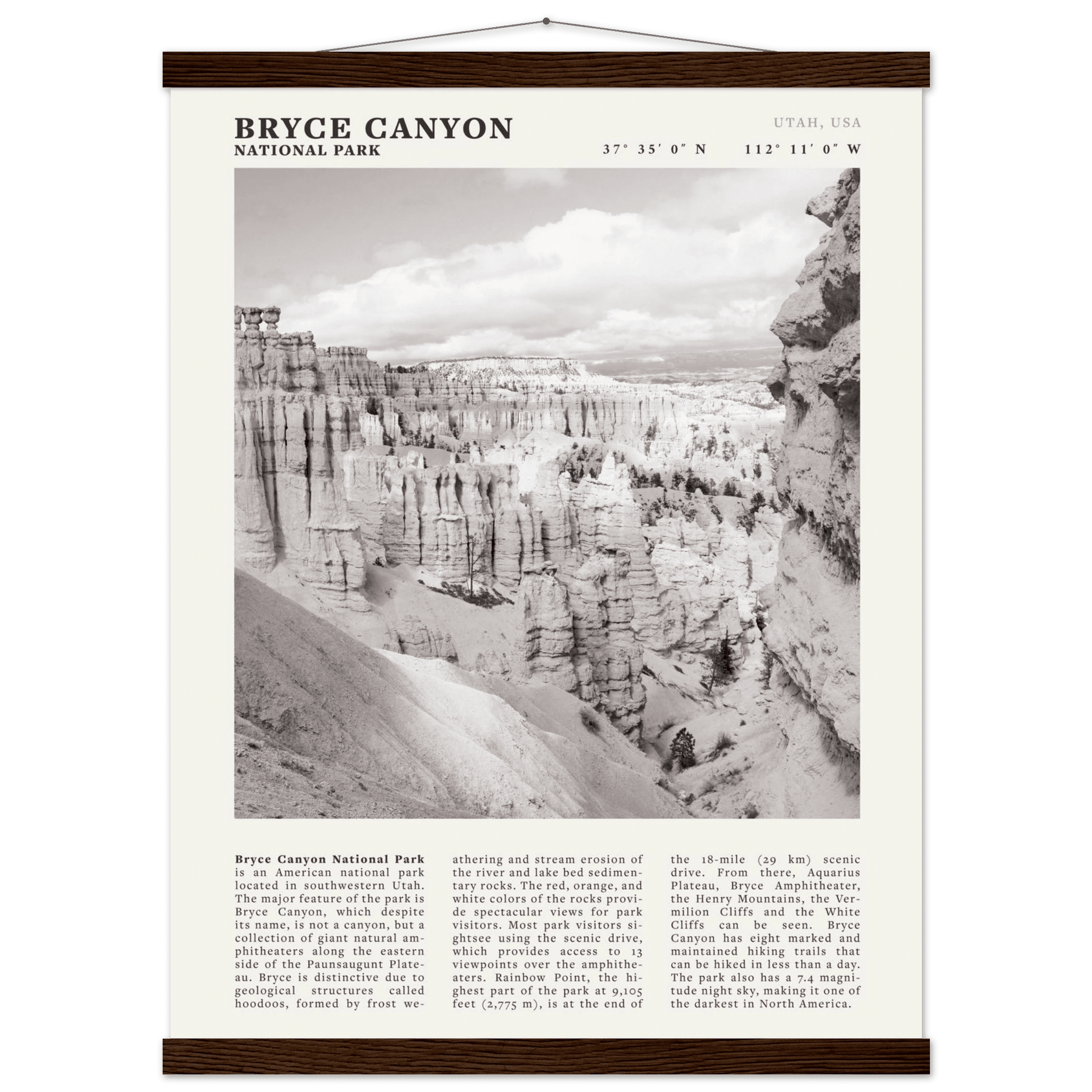 Bryce Canyon National Park Poster | Black & White Utah Hoodoos Wall Art Print - Evergreen Posters - 55