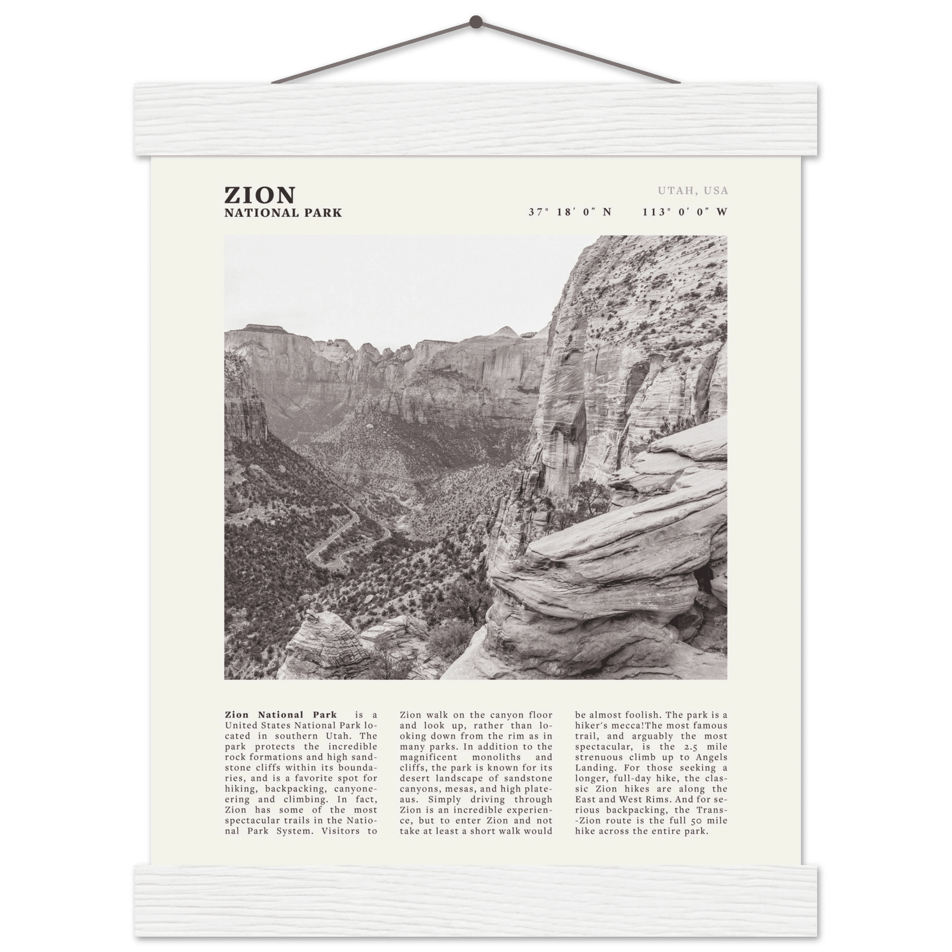 Zion National Park Poster | Black & White Utah Canyon Wall Art | USA Travel Print - Evergreen Posters