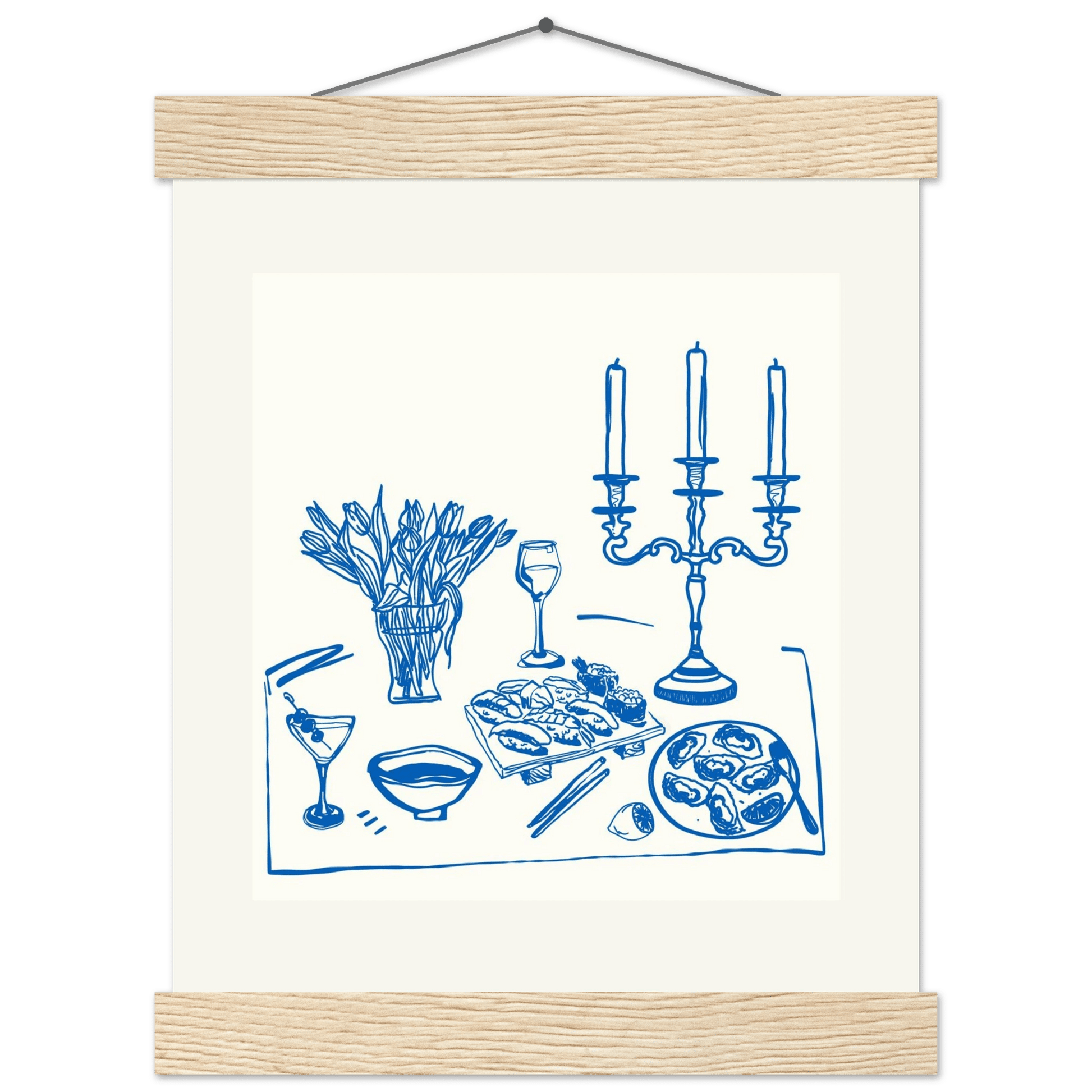 Fine Dining Table Print | Blue Line Art Kitchen Wall Art | Elegant Dining Room Poster - Evergreen Posters