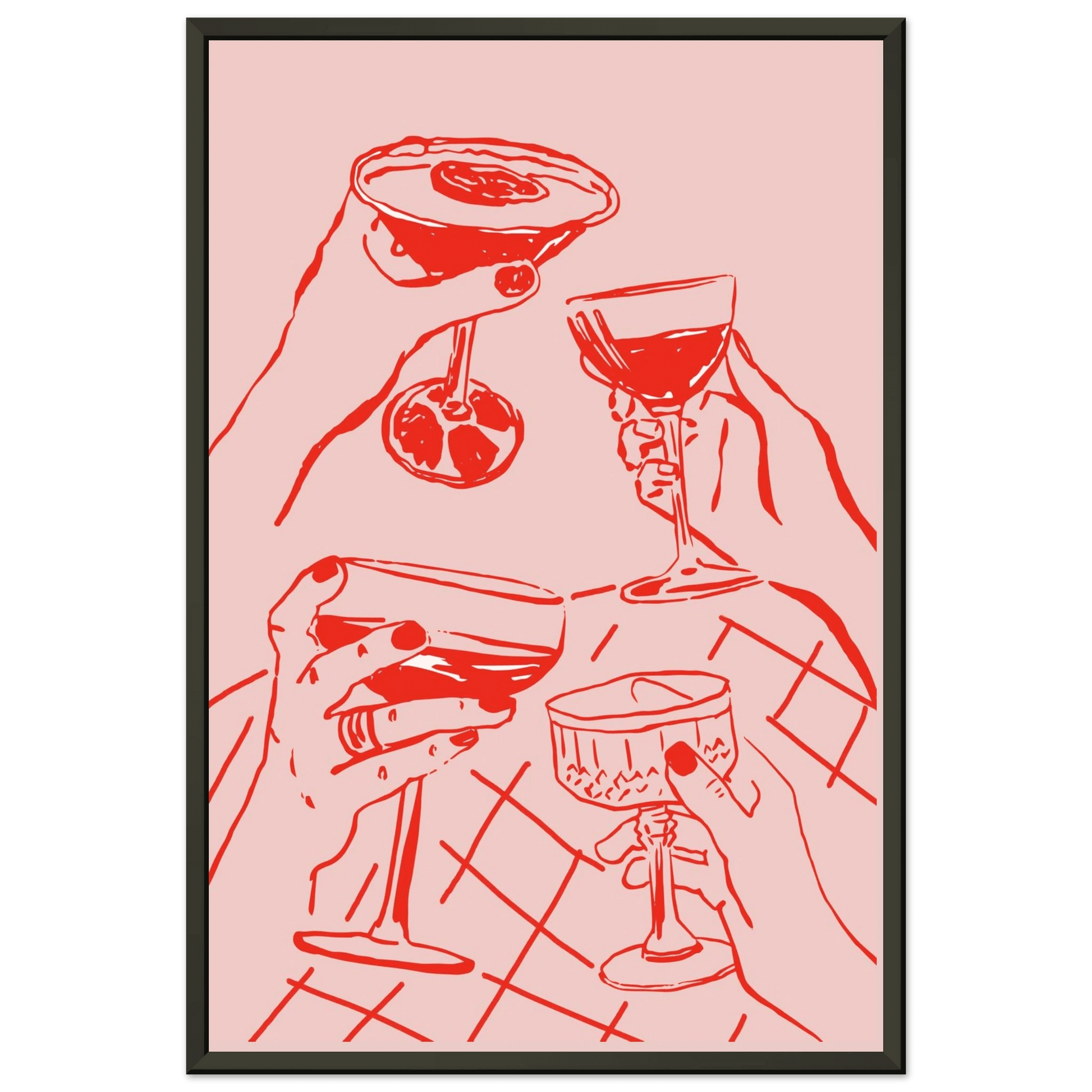 Cheers Print | Red & Pink Cocktail Glasses Wall Art | Kitchen Bar Poster - Evergreen Posters