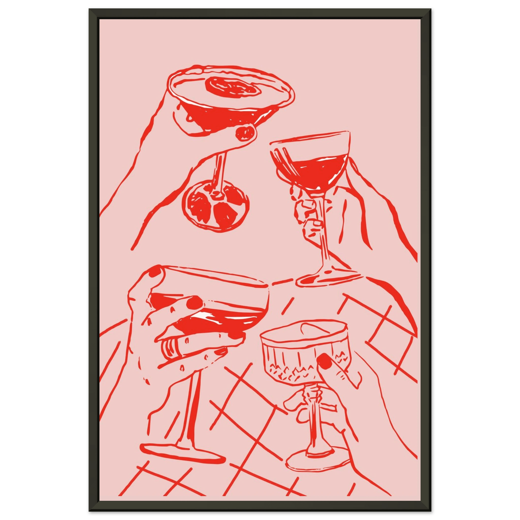 Cheers Print | Red & Pink Cocktail Glasses Wall Art | Kitchen Bar Poster - Evergreen Posters
