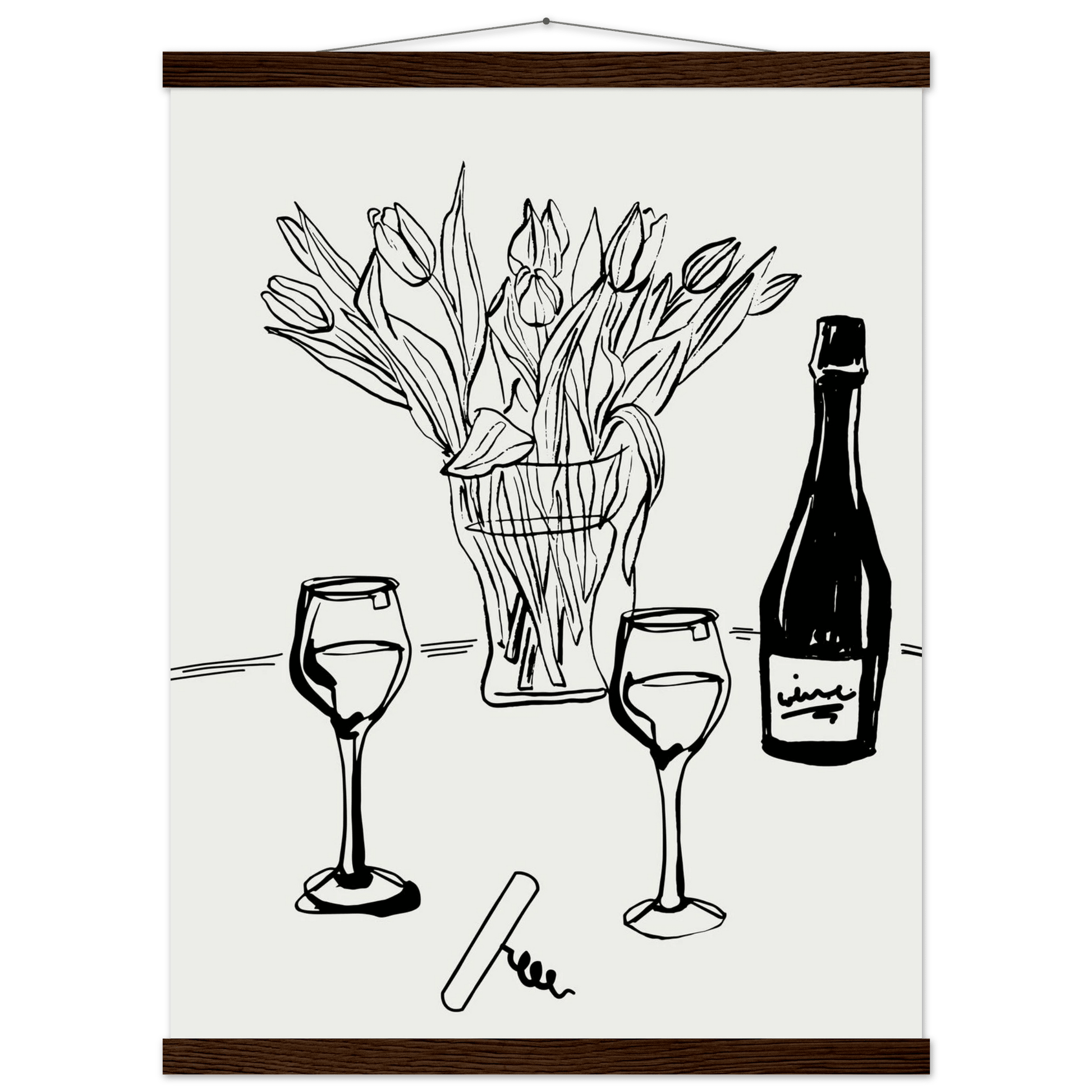 Wine & Tulips Print | Black Line Art Wine Bottle Wall Art | Minimalist Kitchen Poster - Evergreen Posters